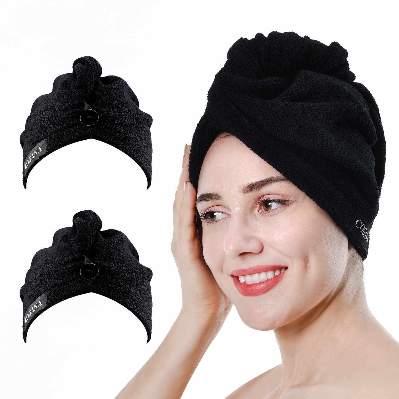 COGANA 2-Pack Microfiber Hair Towel Wrap for Women - Super Absorbent Quick Dry Hair Towel with Button - Curly Hair & Wet Hair Turban (10