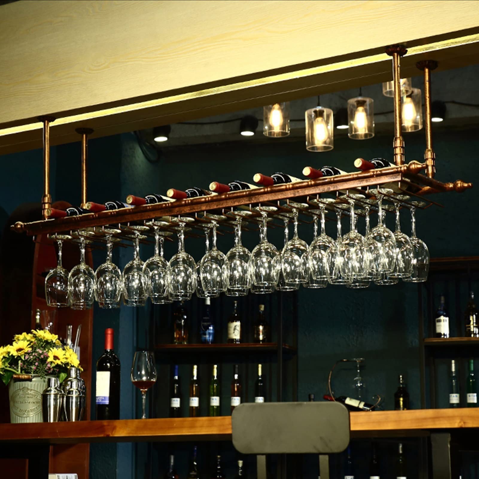 Premium Metal Wine Bottle Rack - Floating Wall & Ceiling Wine Shelf for Stemware Display - 60x35cm Kitchen & Bar Storage Organizer - Perfect for Home Decor, Wine Cellars & Entertaining Spaces