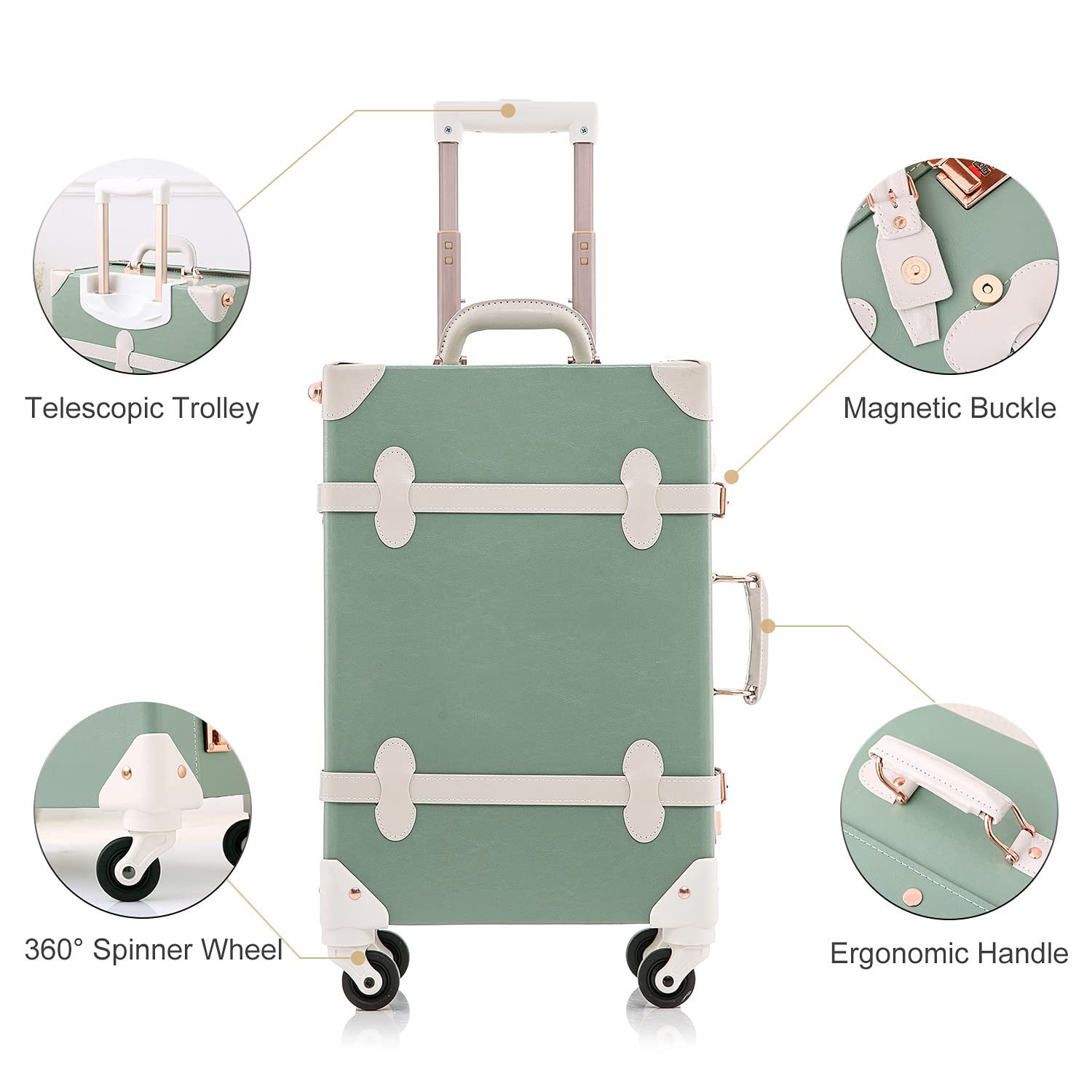 Vintage 2-Piece Suitcase Set with Cosmetic Train Case - 20in Carry-On & 12in Makeup Bag for Women in Mint Green | Perfect for Travel, Weekend Getaways & Airplane Carry-On Luggage