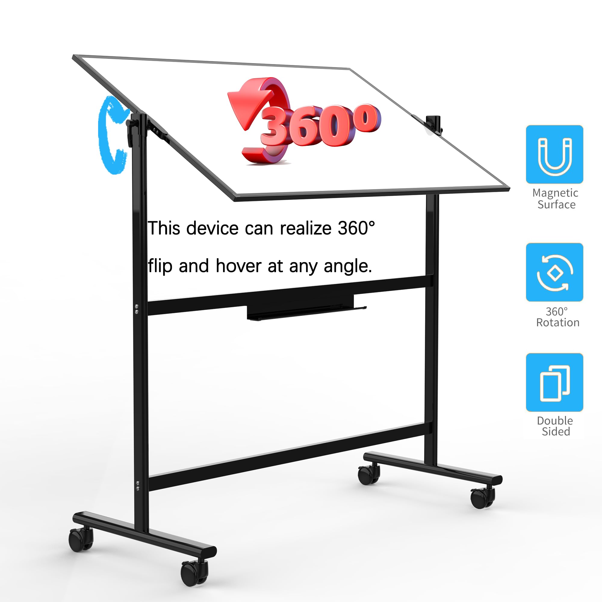 Adjustable Angle Rolling Whiteboard with Stand - Mobile Dry Erase Board on Wheels for Homeschool, Office & Classroom Use (Black)