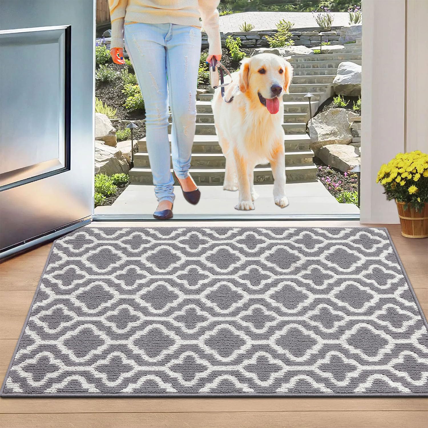 SHACOS 80x120cm Non-Slip Dirt Trapper Door Mat - Absorbent Machine Washable Indoor/Outdoor Entrance Rug for Front Door, Kitchen, Entryway & Garden - Perfect for Muddy Shoes, Pet Paws & Wet Weather (Grey)