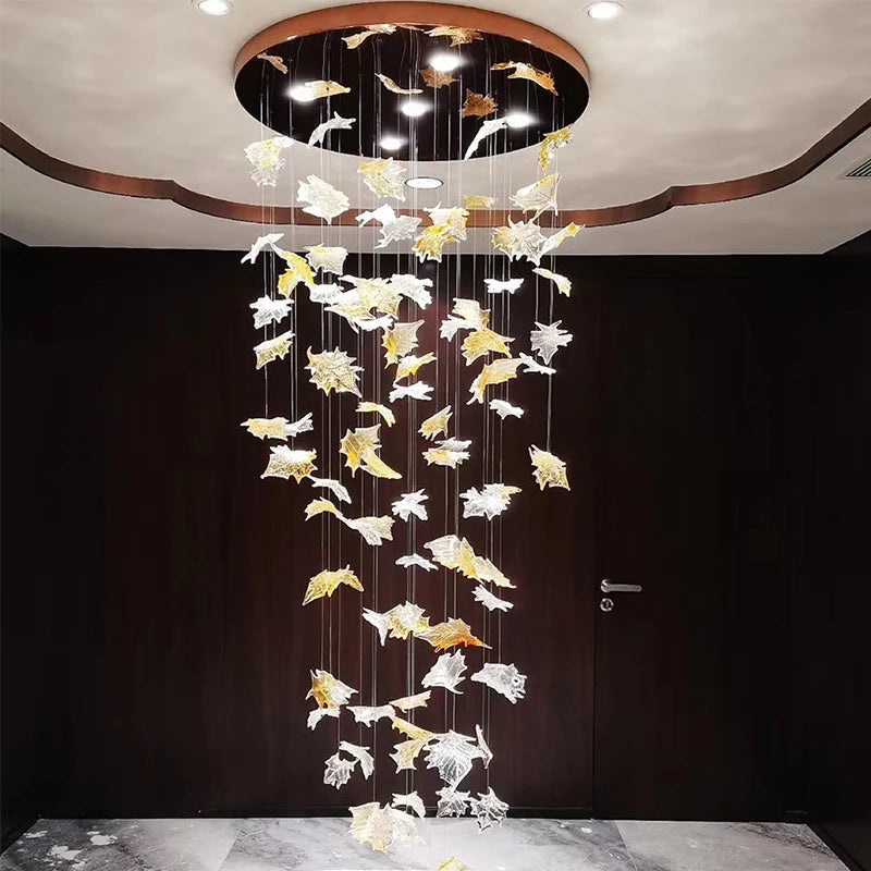 Elegant Glass Maple Leaf Hanging Light - Vintage Staircase Chandelier for Home Decor | Perfect for Hallway, Foyer & Stairwell Lighting