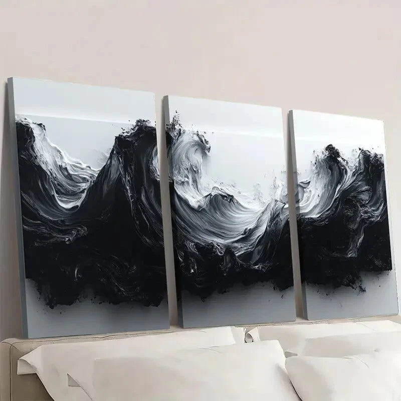 3-Piece Abstract Black and White Modern Fluid Wall Art Set - Framed Canvas 40x60cm (16x24in) - High Quality Print - 100% Australian Made - Ready to Hang - Perfect for Living Room, Bedroom & Office Decor