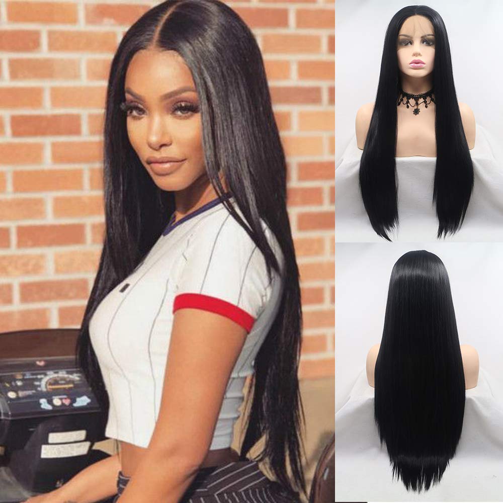 24 Inch Long Silky Straight Synthetic Lace Front Wigs for Black Women - Natural Black Hairline, Pre-Plucked, Heat Resistant Fiber - Perfect for Cosplay, Parties & Daily Wear