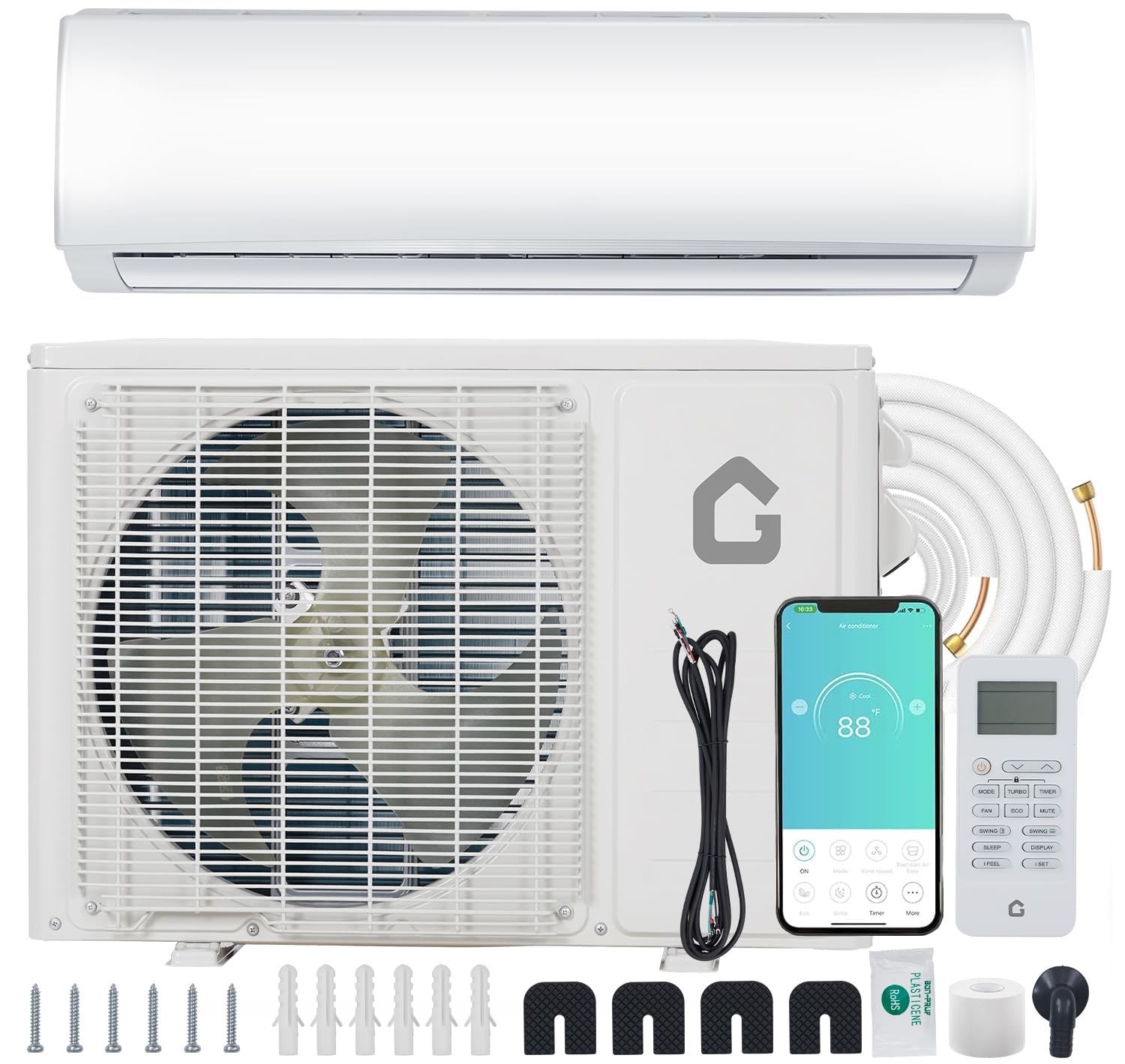 GARVEE 18,000 BTU Ductless Mini Split Heat Pump System - 23 SEER2 208V/230V WiFi Enabled Inverter AC - Cools Up to 1250 Sq. Ft - Alexa Compatible - Complete Installation Kit (R45 Series) - Perfect for Home, Office, and Garage Cooling & Heating
