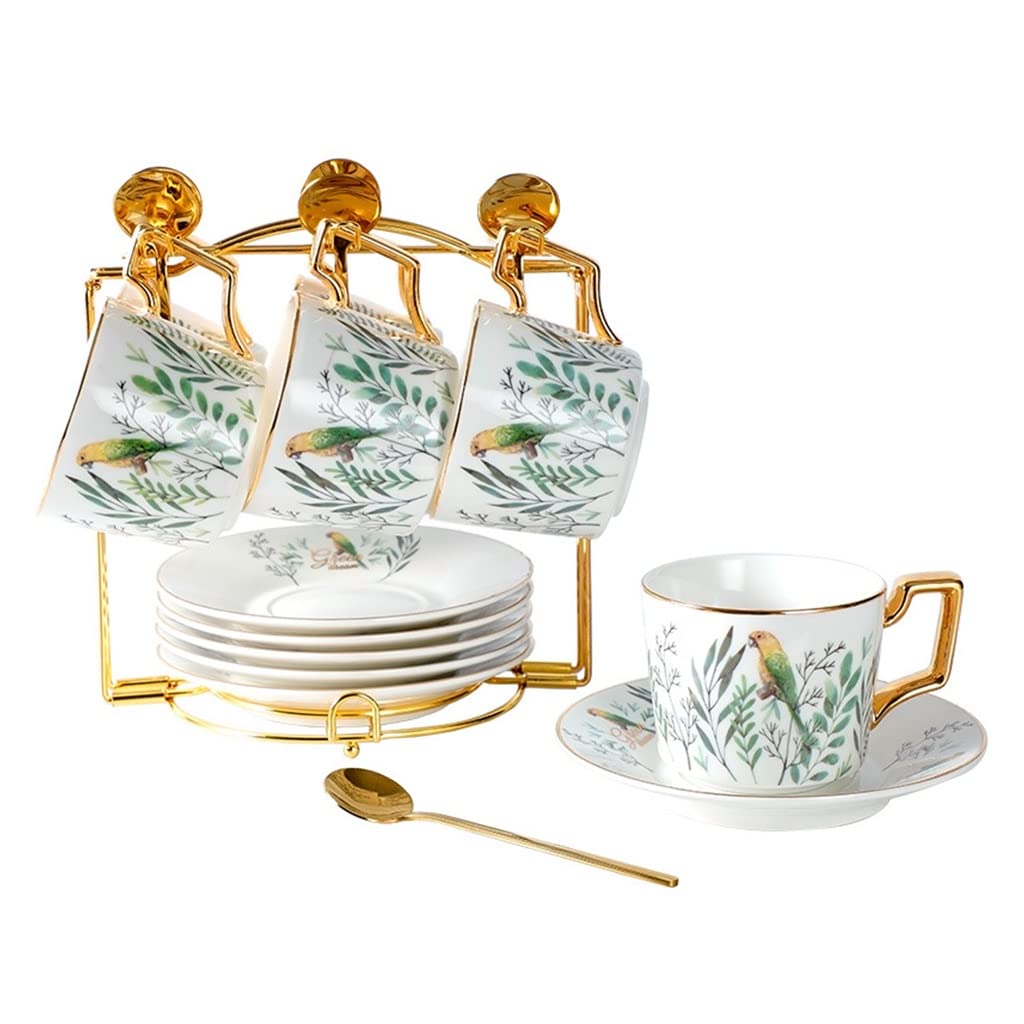 6-Piece Ceramic Coffee Mug Set with Saucer & Metal Holder - 200ml Capacity for Cappuccino, Latte, Espresso, American Coffee & Tea - Green (8cm*6.5cm) - Perfect for Home, Office, Cafes & Gifts