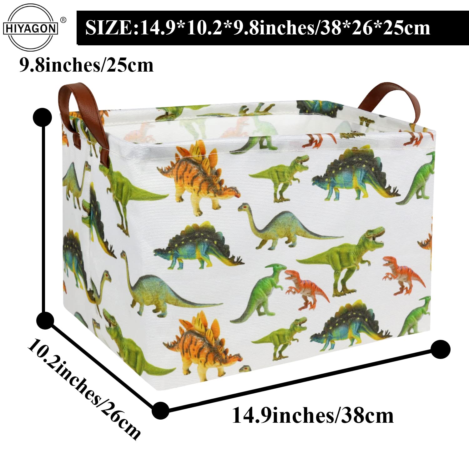 HIYAGON Dinosaur Storage Basket for Kids - Rectangular Toy Organizer Bin, Bookshelf Decor & Room Decor for Boys (Toy Dinosaur Included) - Perfect for Nursery, Playroom & Kids Bedroom Organization