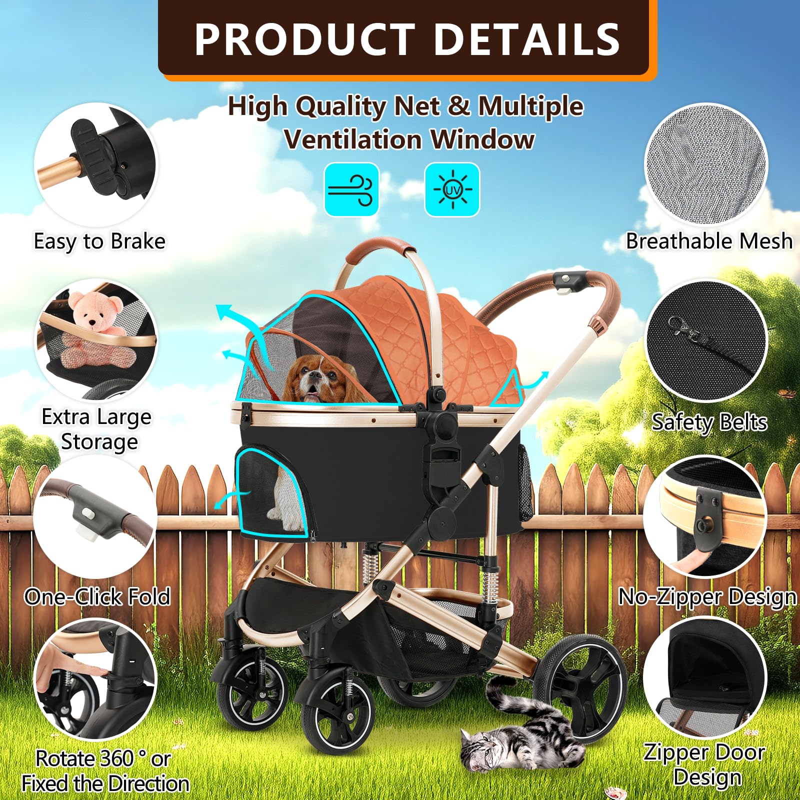 Premium 3-in-1 Folding Lightweight Pet Stroller with Detachable Carrier & Storage Basket - 4-Wheel Travel Stroller for Dogs, Puppies & Cats (Brown) | Perfect for Park Walks, Vet Visits & Shopping Trips