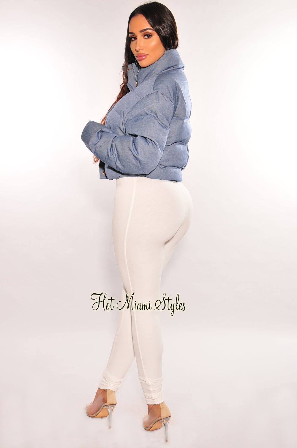 Women's Denim Puffer Bomber Jacket - Cropped Long Sleeve Zip Up Coat for Winter | Stylish Outerwear for Casual Outings & Streetwear Fashion