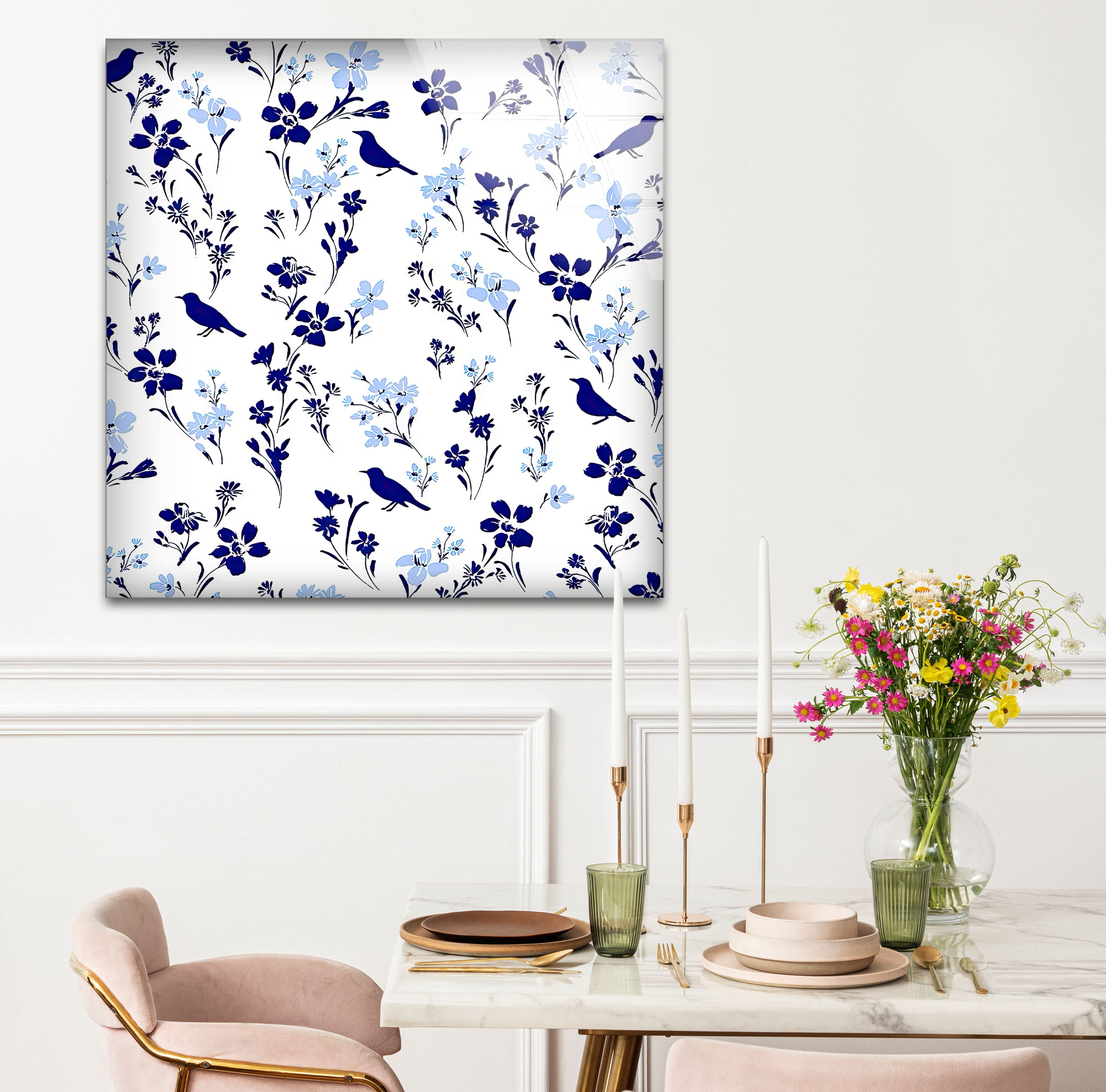 Blue Bird and Wildflower Wall Art Print - Elegant Floral Glass Decor for Nature Lovers | Perfect for Living Room, Bedroom & Office Decor