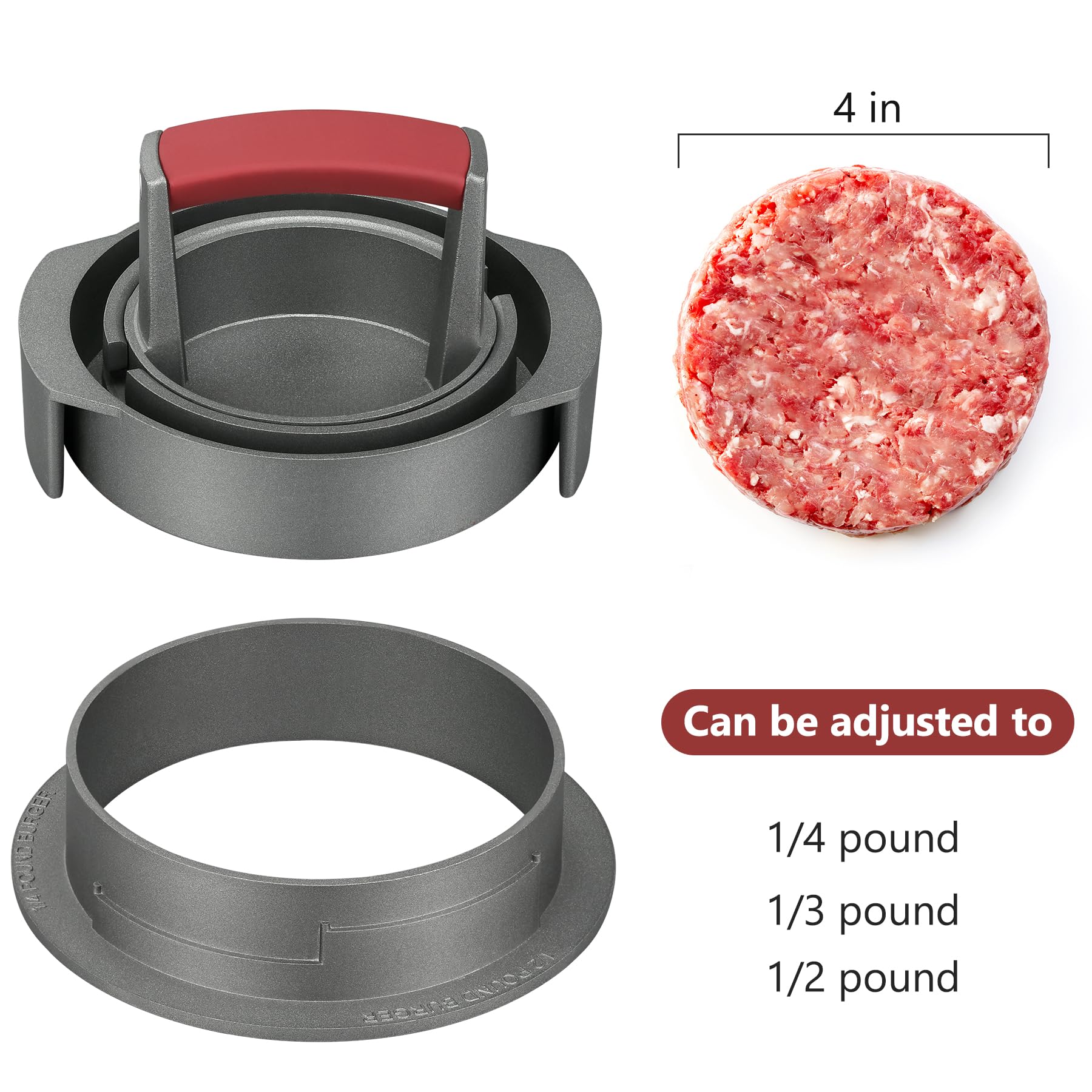 3-in-1 Heavy Duty Burger Press Patty Maker - Adjustable Hamburger Mold for 1/2, 1/3 & 1/4 lb Patties - Non-Stick with 100 Patty Papers - Perfect for BBQ, Picnics & Home Grilling