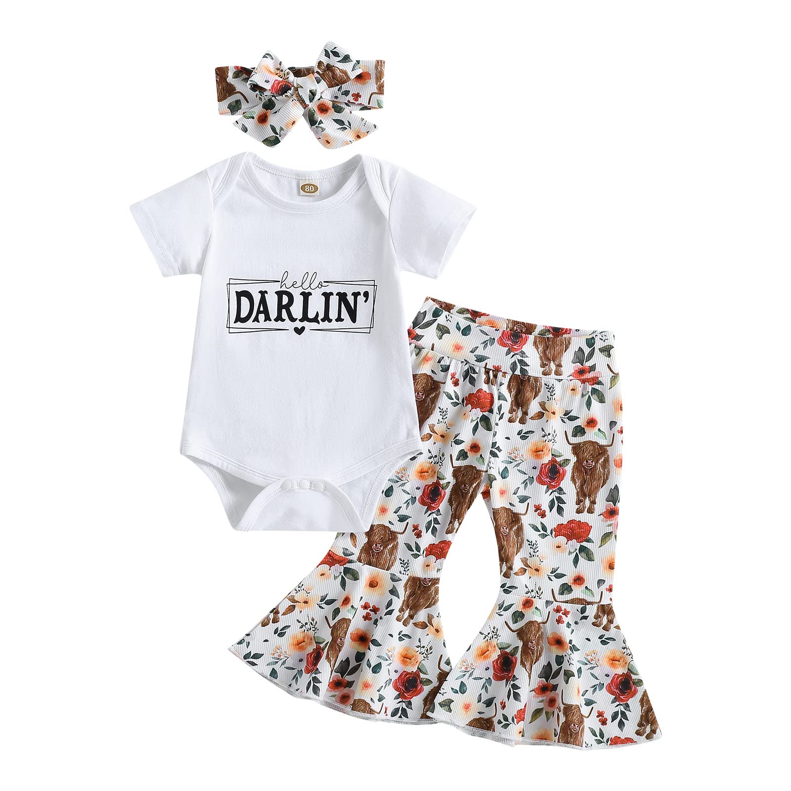 Muasaaluxi Newborn Baby Girl Outfit - Cow Print Short Sleeve Romper with Bell Bottoms & Headband | Western Style Infant Clothes for Photo Shoots, Parties & Everyday Wear