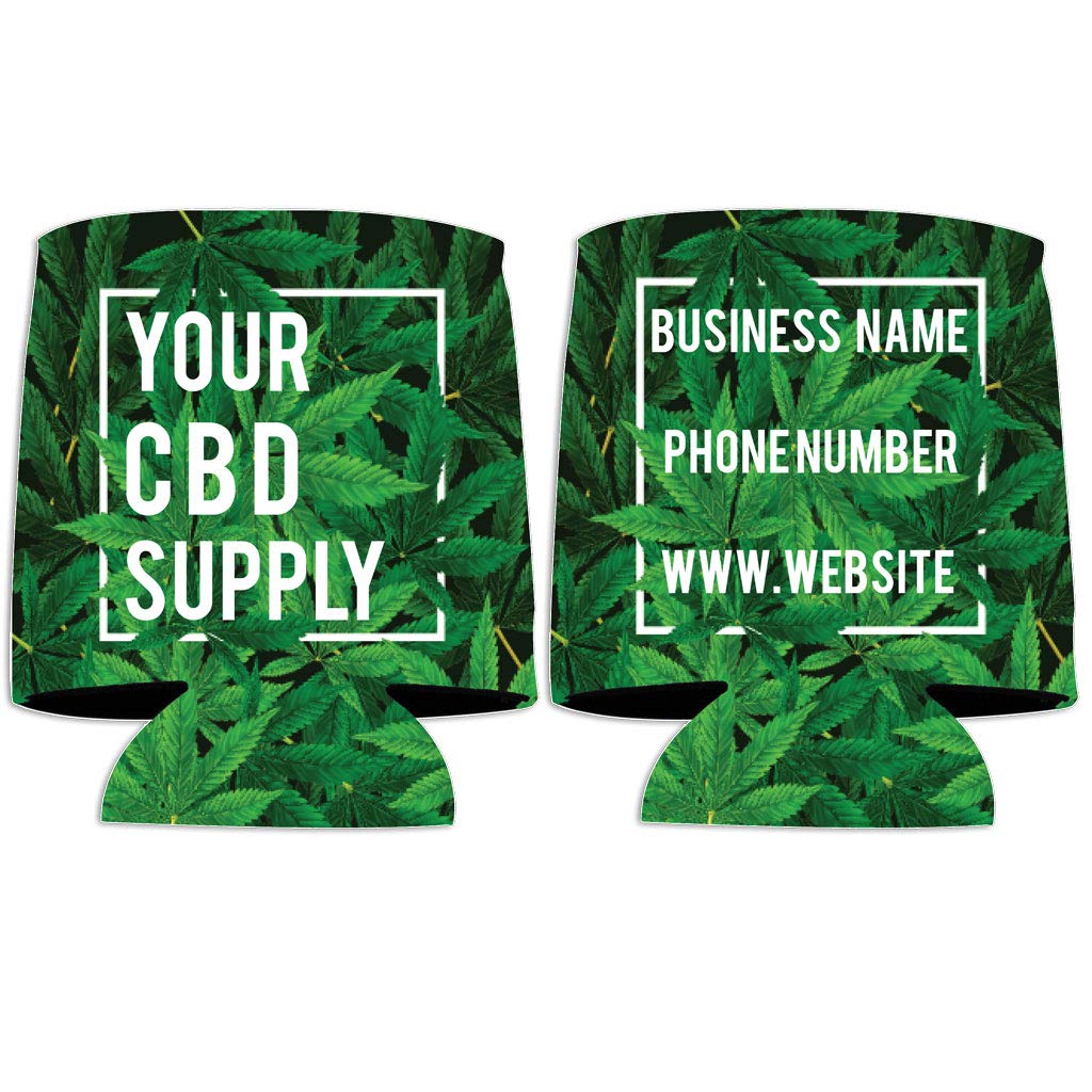 Custom CBD Can Coolers with Business Branding - Personalized Name, Phone & Website - Bulk 50 Pack for CBD Retailers & Events - Perfect for Promotions, Trade Shows & Customer Giveaways