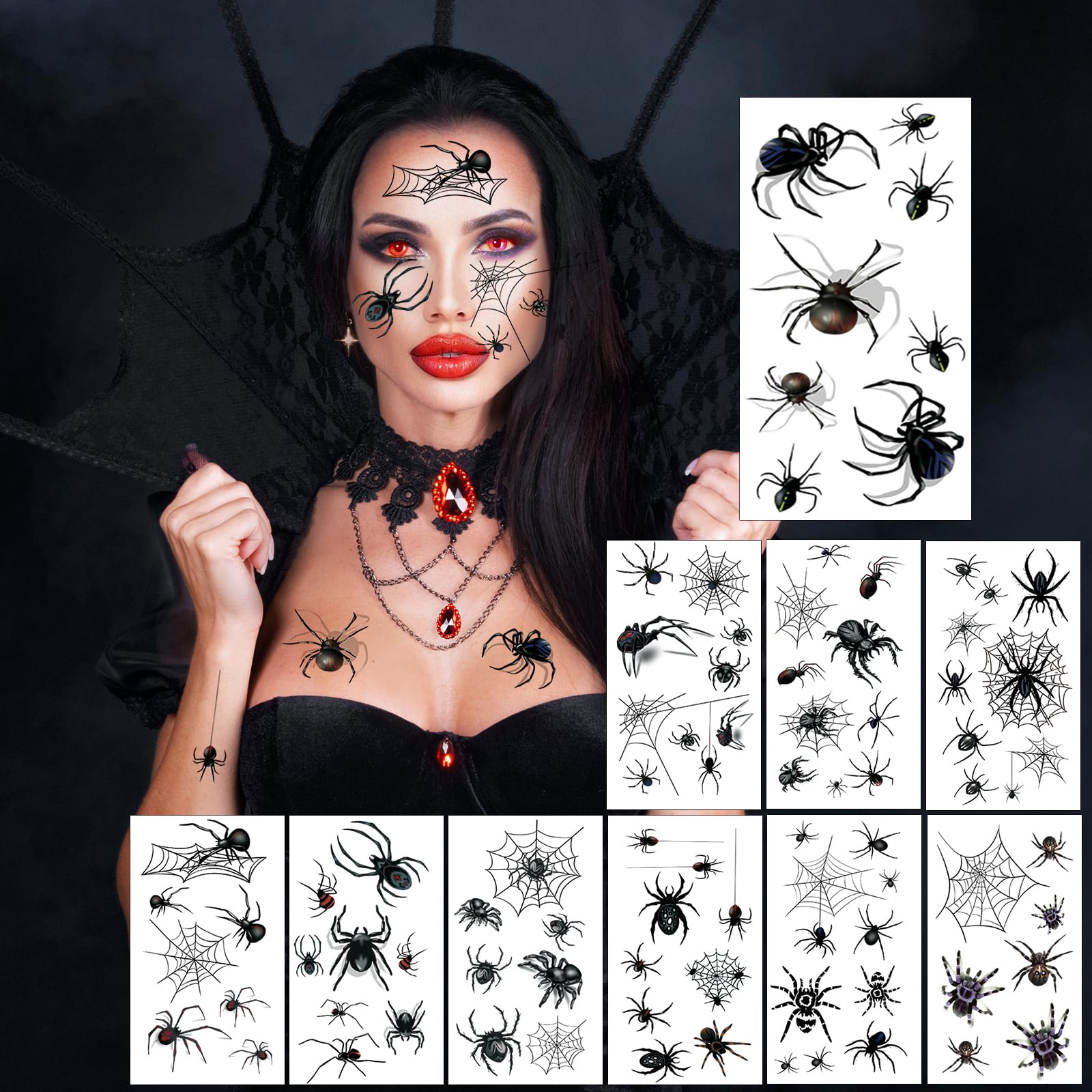 80+ PCS Halloween Spider Web Temporary Tattoos - Realistic 3D Fake Tattoos for Adults & Kids - Waterproof Halloween Makeup Kit for Face & Body - Perfect for Halloween Parties, Costume Contests & Scary Makeup Looks