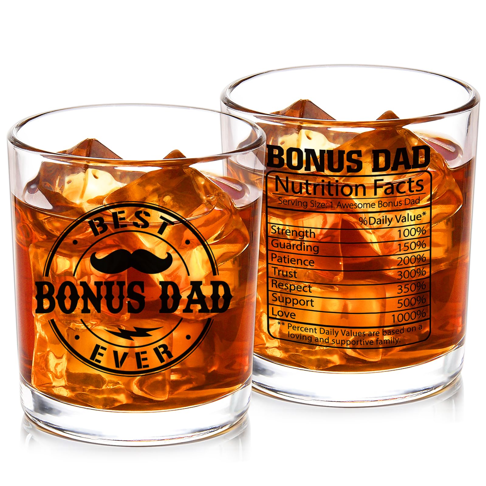 Futtumy Whiskey Glass Gift Set for Step Dad - 10oz Engraved Bonus Dad Nutrition Facts Tumbler - Perfect Father's Day, Birthday & Christmas Gifts for Men - Ideal for Whiskey Lovers & Special Occasions