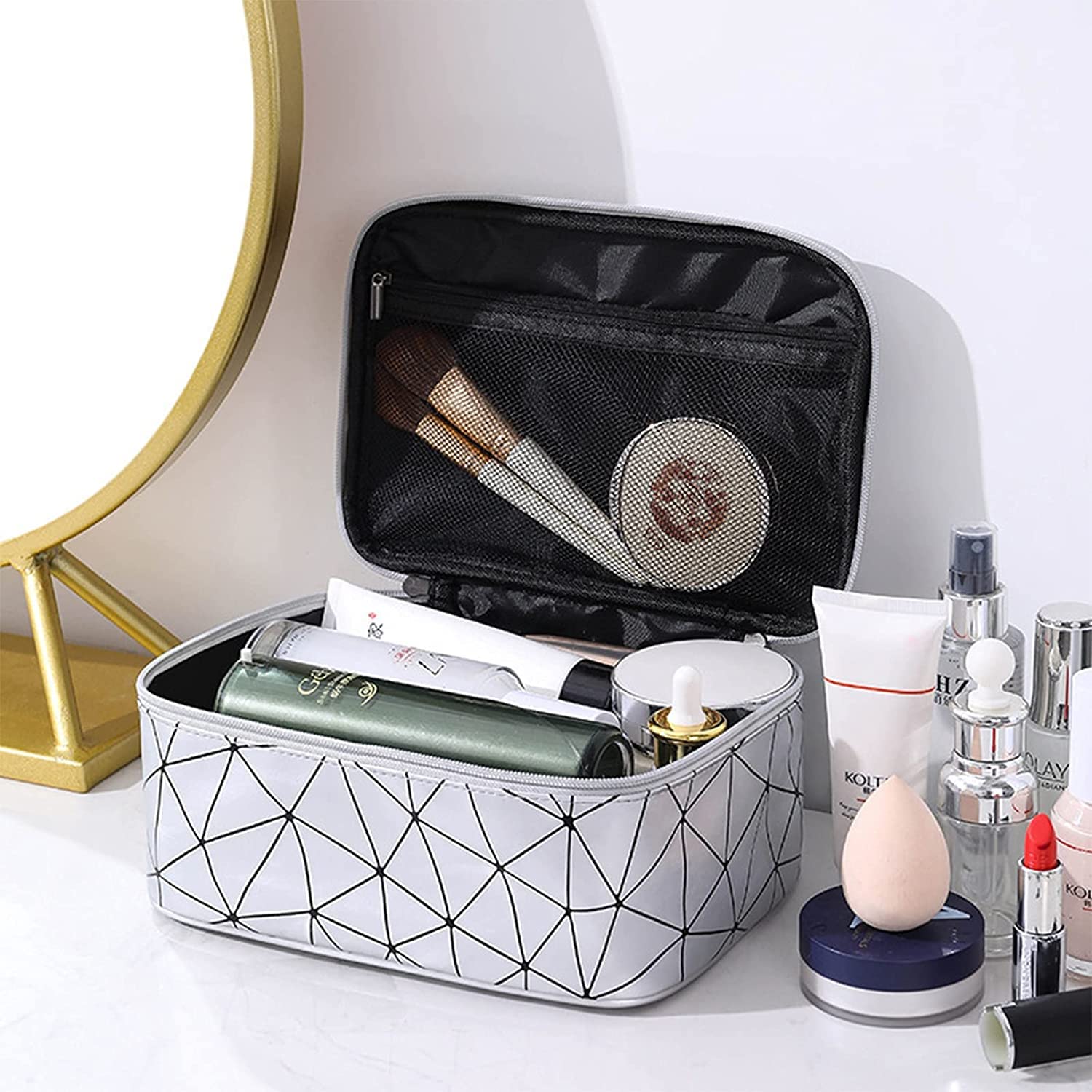 Premium Waterproof Hanging Makeup Bag for Women - Travel Cosmetic Organizer with Zipper, Luxury Toiletry Pouch (Silver) | Perfect for Vacation, Gym & Daily Essentials Storage