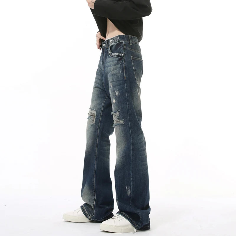 American Style Men's Distressed Tie-Dye Bootcut Jeans - Wide Leg Straight Denim Pants for Casual Wear | Perfect for Street Style & Everyday Outfits