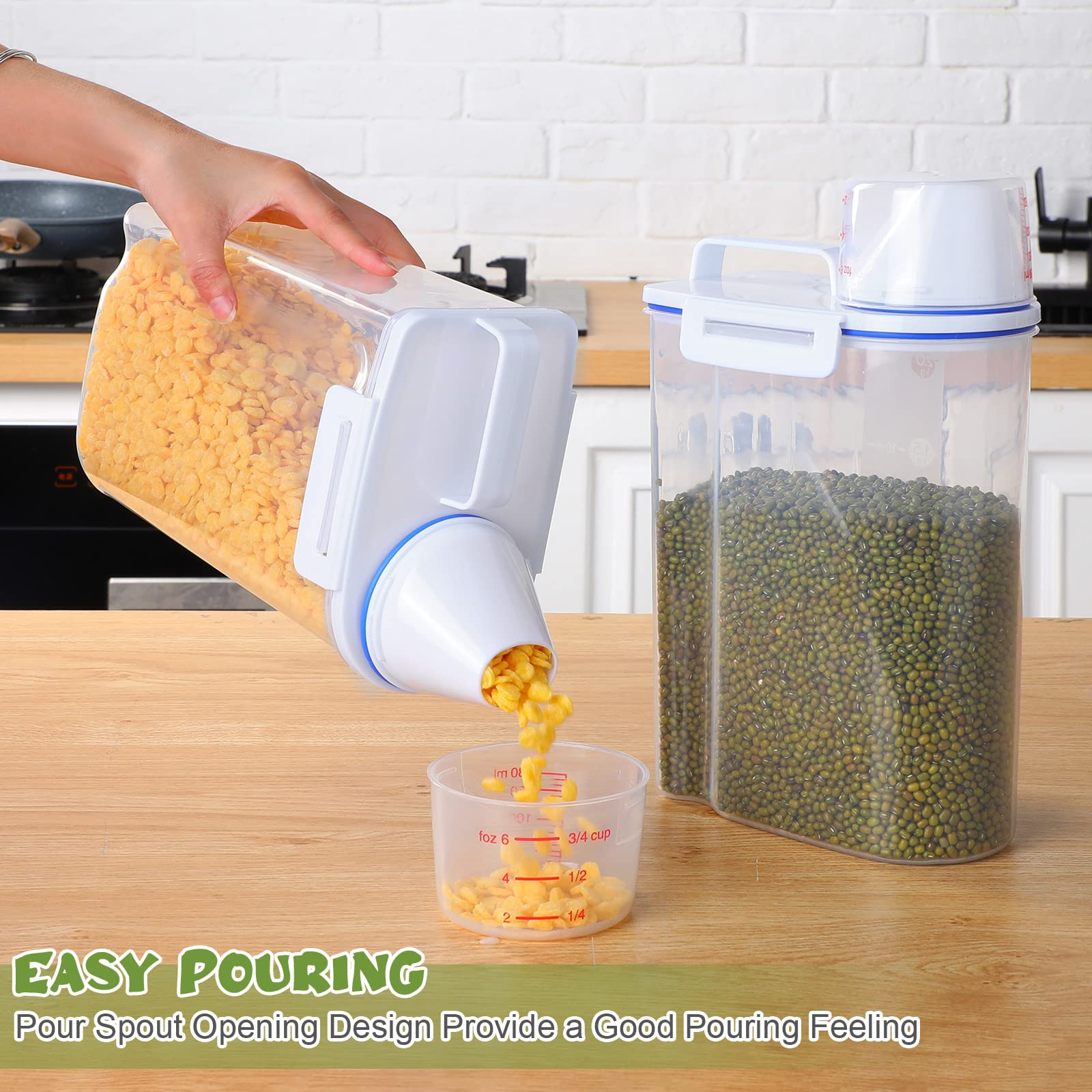 4-Piece Rice Storage Containers with Lids & Measuring Cup - 2.5L Airtight Plastic Cereal Dispenser for Flour, Rice, Pasta - Perfect for Kitchen Pantry Organization & Bulk Food Storage
