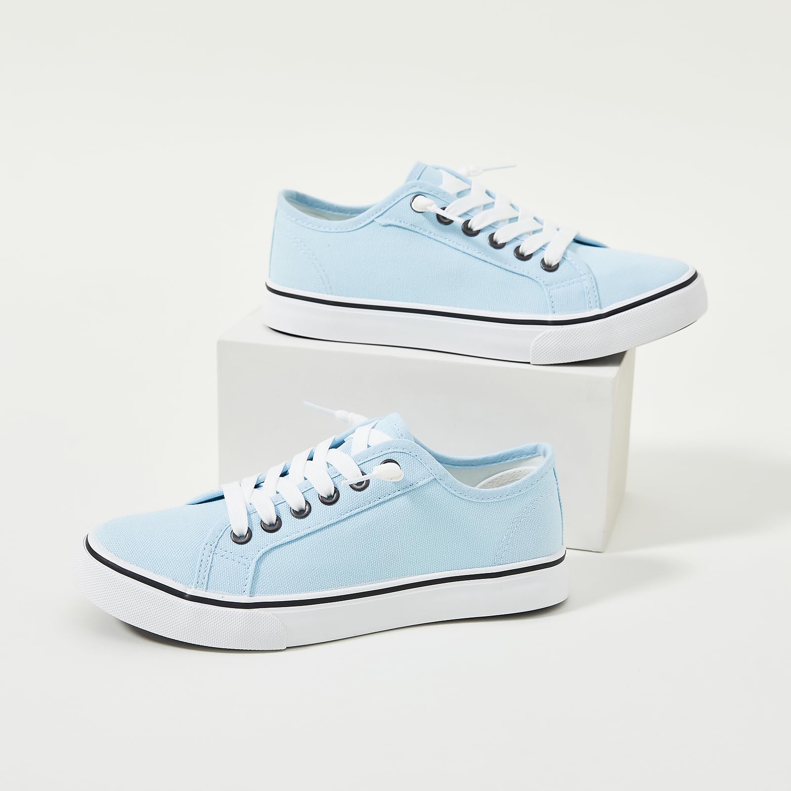 Women's Slip-On Canvas Sneakers - Non-Slip Casual Loafers with Lace-Up Design | White & Black Low Top Fashion Shoes for Everyday Wear, Walking, and Work Comfort