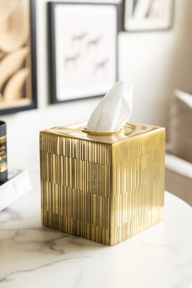 Luxury Gold Tissue Box Holder - Elegant Fine Line Detail for Home & Office Decor - Perfect for Living Room, Bedroom, or Bathroom Storage