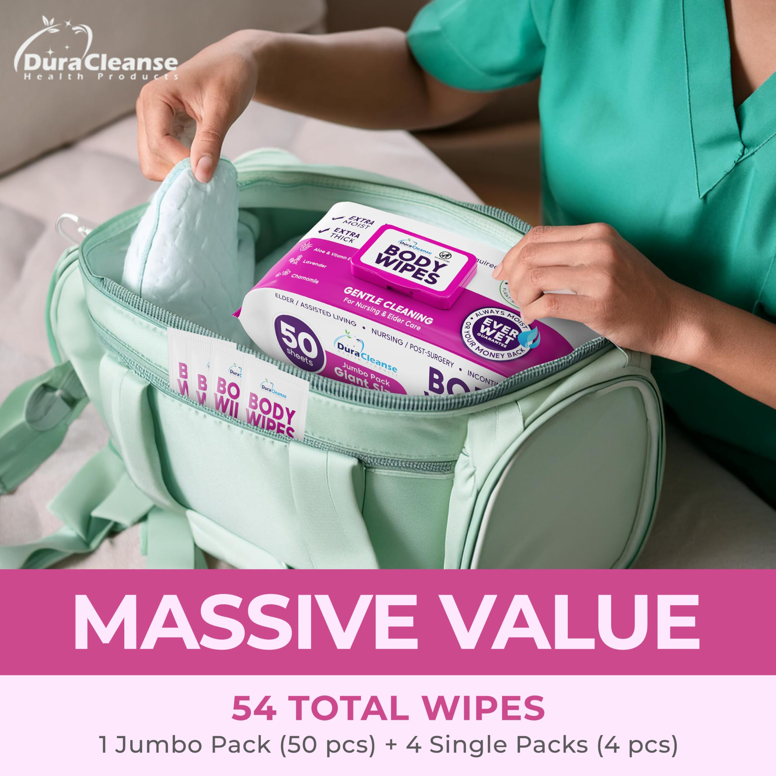Extra Large Disposable Bath Wipes for Adults - No Rinse Cleansing (50 Count + 4 Travel Wipes) - 9
