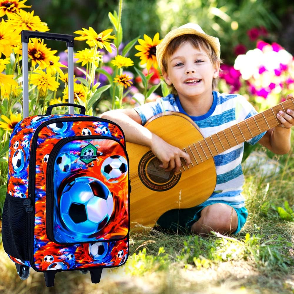 Kids Rolling Suitcase with Wheels - Boys Travel Luggage for Soccer Enthusiasts (Fire and Ice Design) | Perfect for Airplane Carry-On, School Trips & Sports Travel