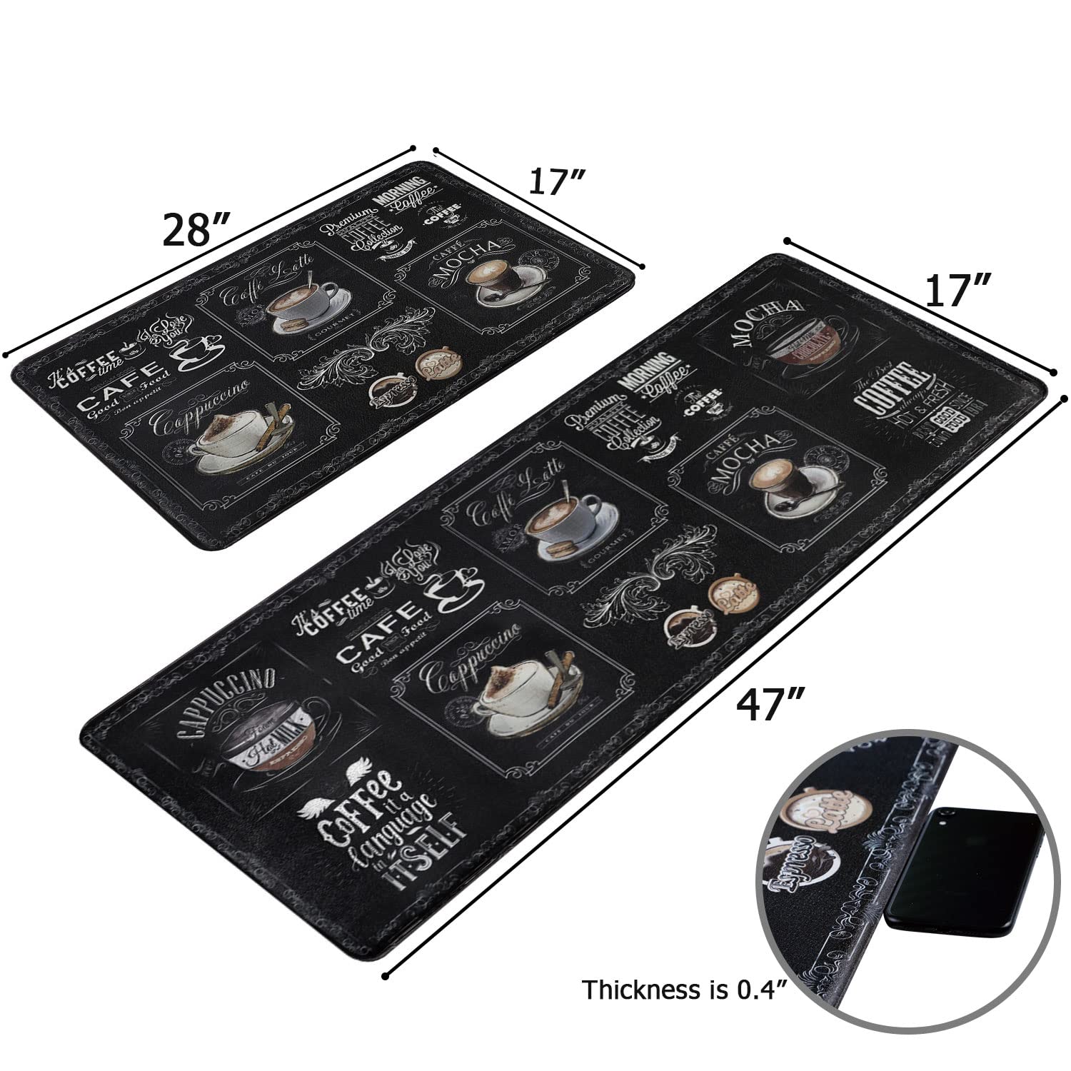 Famibay 2-Piece Anti-Fatigue Kitchen Mats Set - Non-Slip Waterproof Cushioned Floor Mat with Coffee Design, Easy to Clean Foam Rug for Kitchen Sink, Laundry & Standing Areas (17