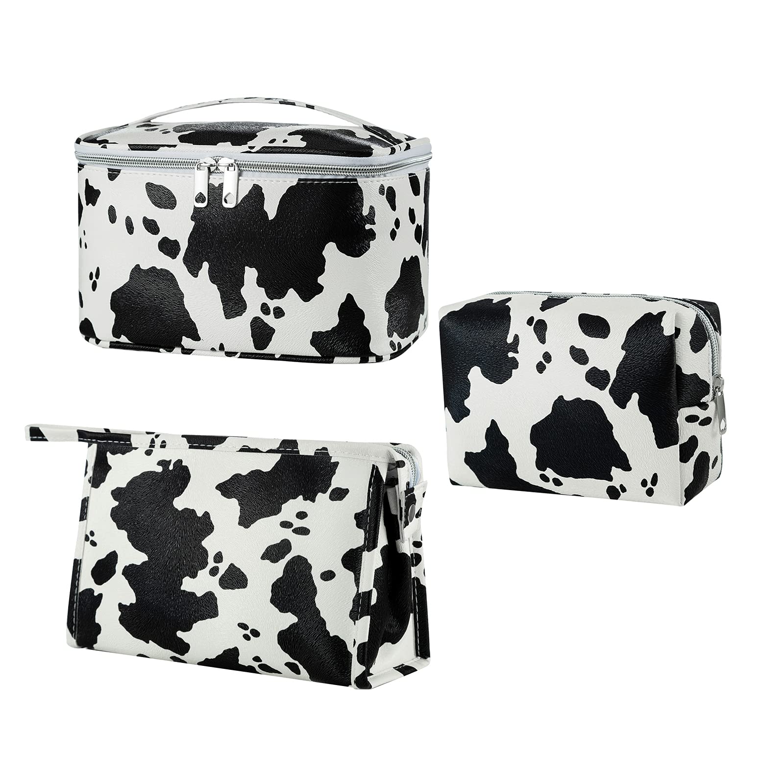 HooOriana 3-Piece Makeup Bag Set for Women - Cute Cow Print Cosmetic Travel Pouch Organizer | Perfect for Travel, Gym, and Daily Essentials Storage