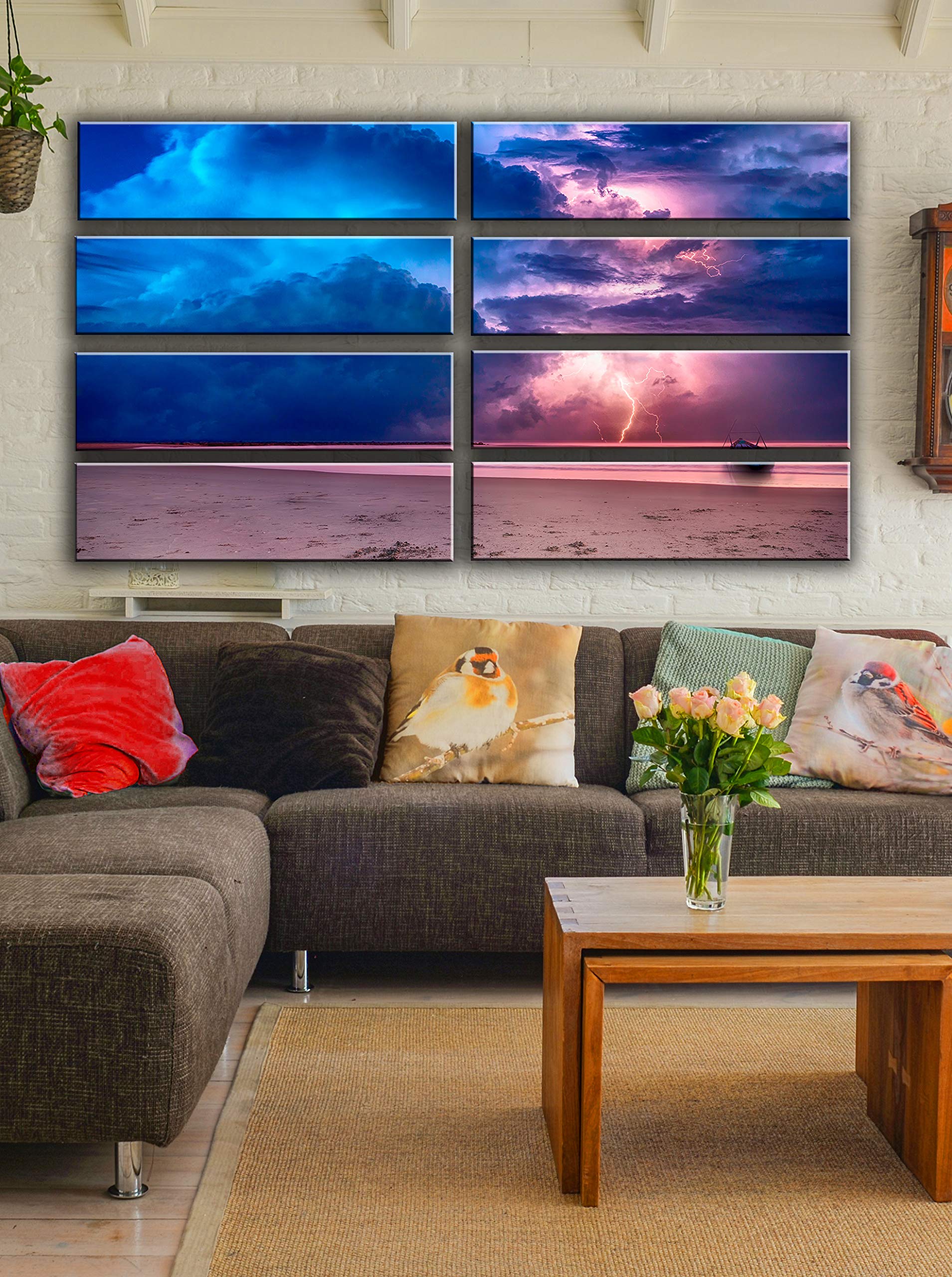 8-Piece Beach Sky Lightning Wall Art Canvas Print Set - Coastal Theme Boat Painting for Living Room, Bedroom & Office Decor