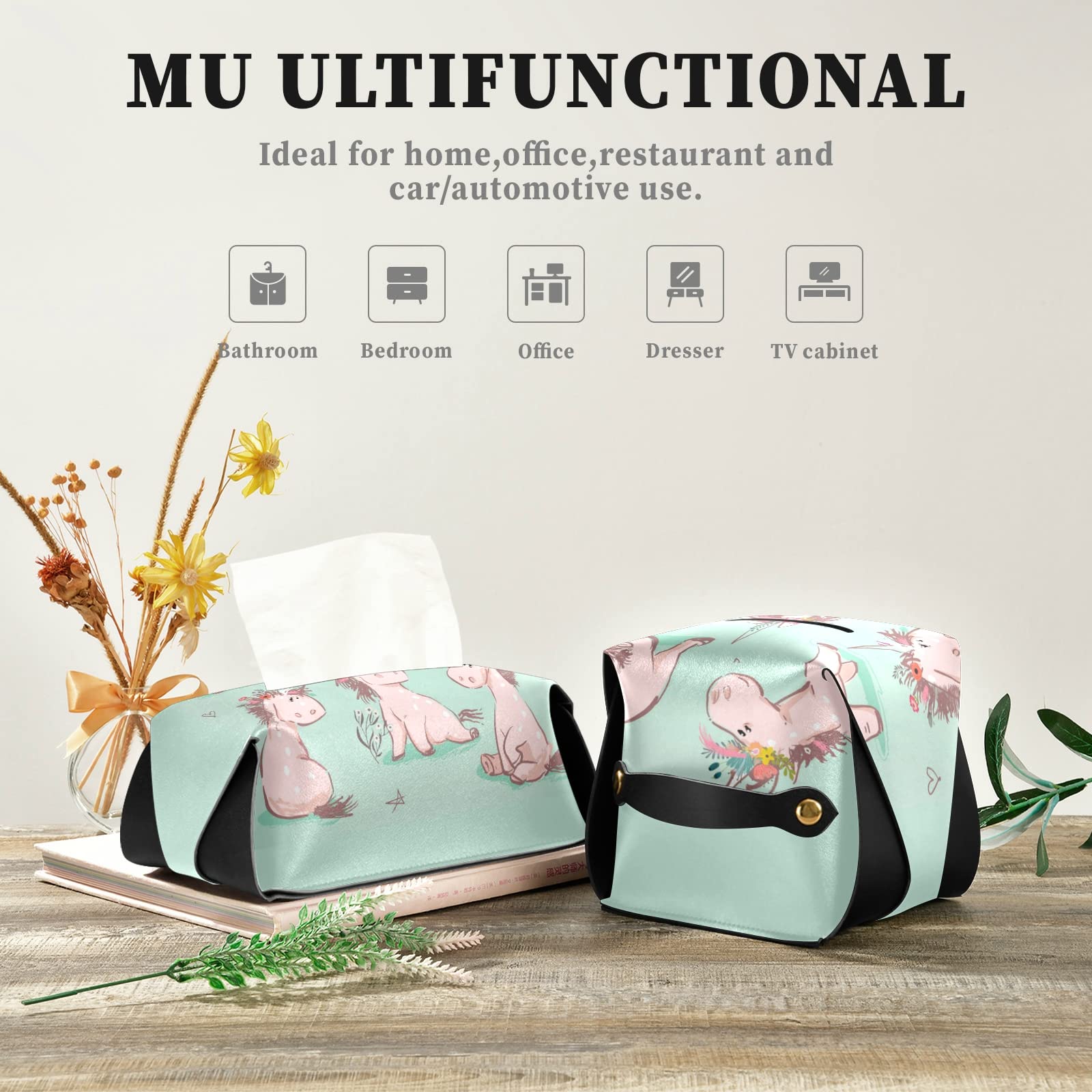 **Cute Cartoon Pink Unicorn Tissue Box Cover - Seamless Turquoise Leather with Handle - 9.4x5.1x3.6 Inches - Perfect for Bathroom, Home, Office, Car & Nightstand Decor**    *(Use Scenes: Adds a whimsical touch to your bathroom vanity, brightens your office desk, or keeps your car tissues stylishly organized!)*