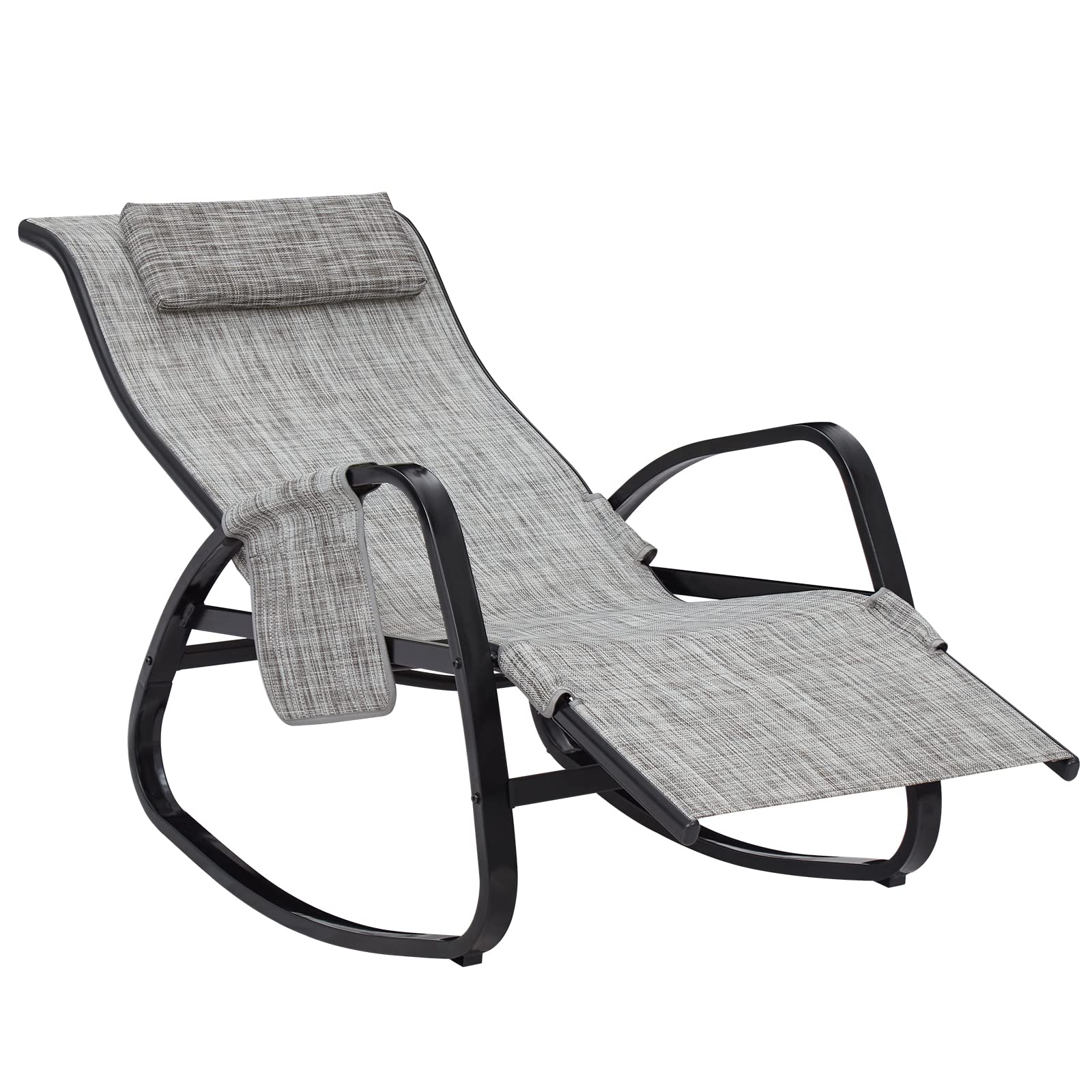 kinbor Adjustable Outdoor Recliner Chair - Patio Lounge Rocking Chair with Removable Headrest & Side Pocket, Textilene Folding Rocker for Lawn, Pool, Garden, Deck (Grey) - Perfect for Relaxing in Backyard, Beach or by the Pool