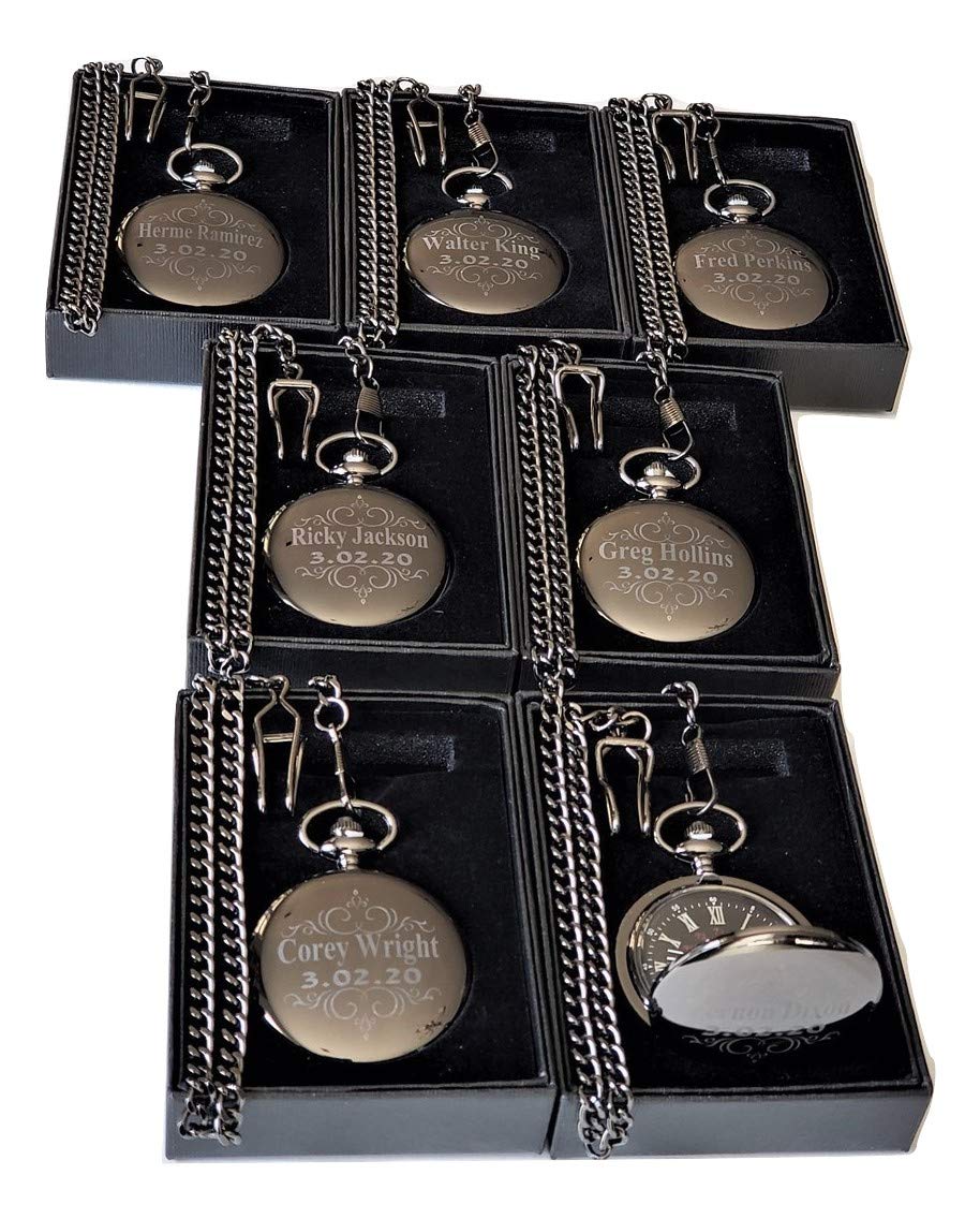 7 Personalized Engraved Pocket Watches with Chains & Gift Box - Custom Men's & Women's Vintage Style Pocket Watch Set - Perfect for Weddings, Anniversaries & Special Occasions