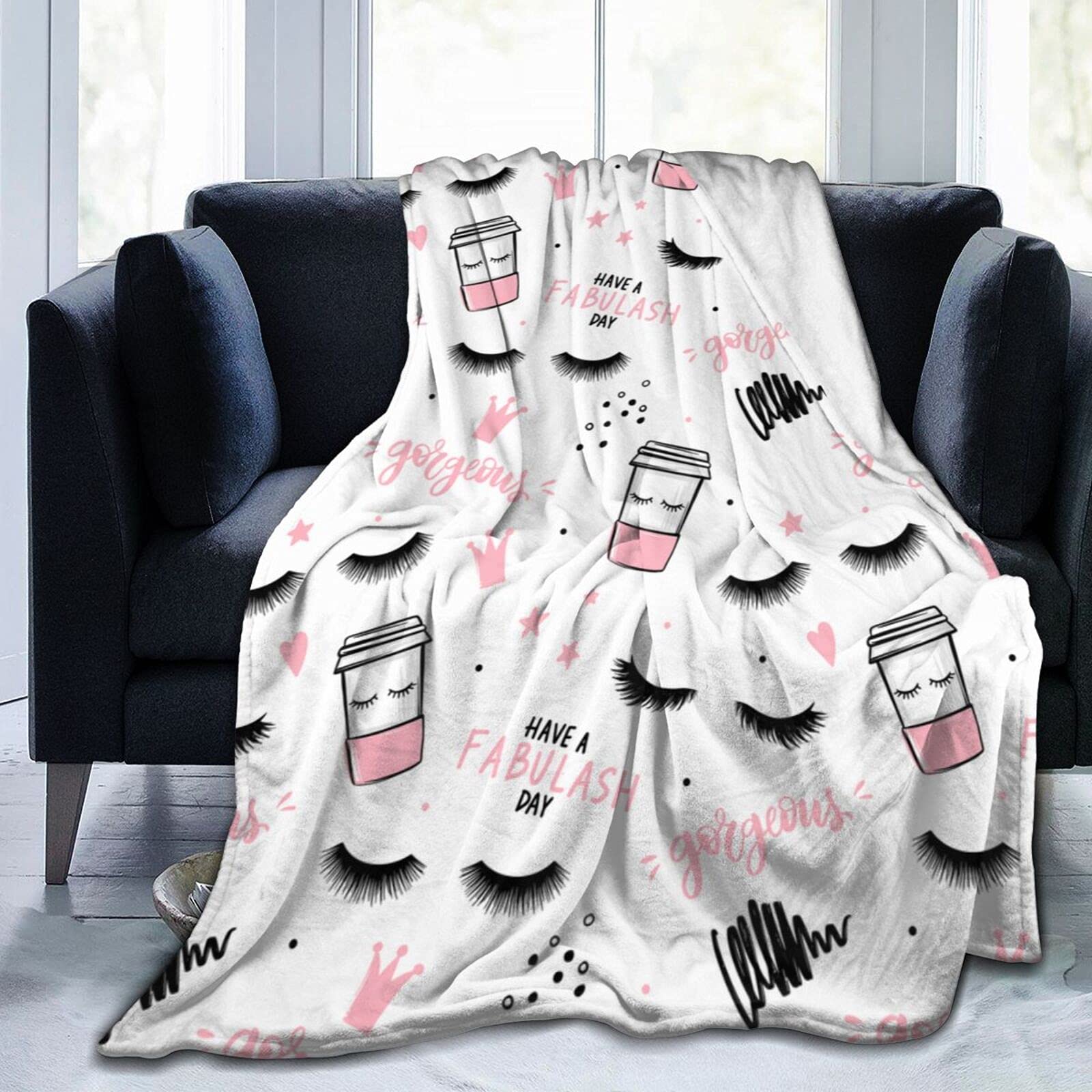 **Feartdiy Soft Fleece Throw Blanket - 50x40 Inch Cozy Blanket for Kids, Adults & Women - Warm Mascara Coffee Cup Design - Perfect for Couch, Bed, Travel & Camping - Black King Size Blanket**