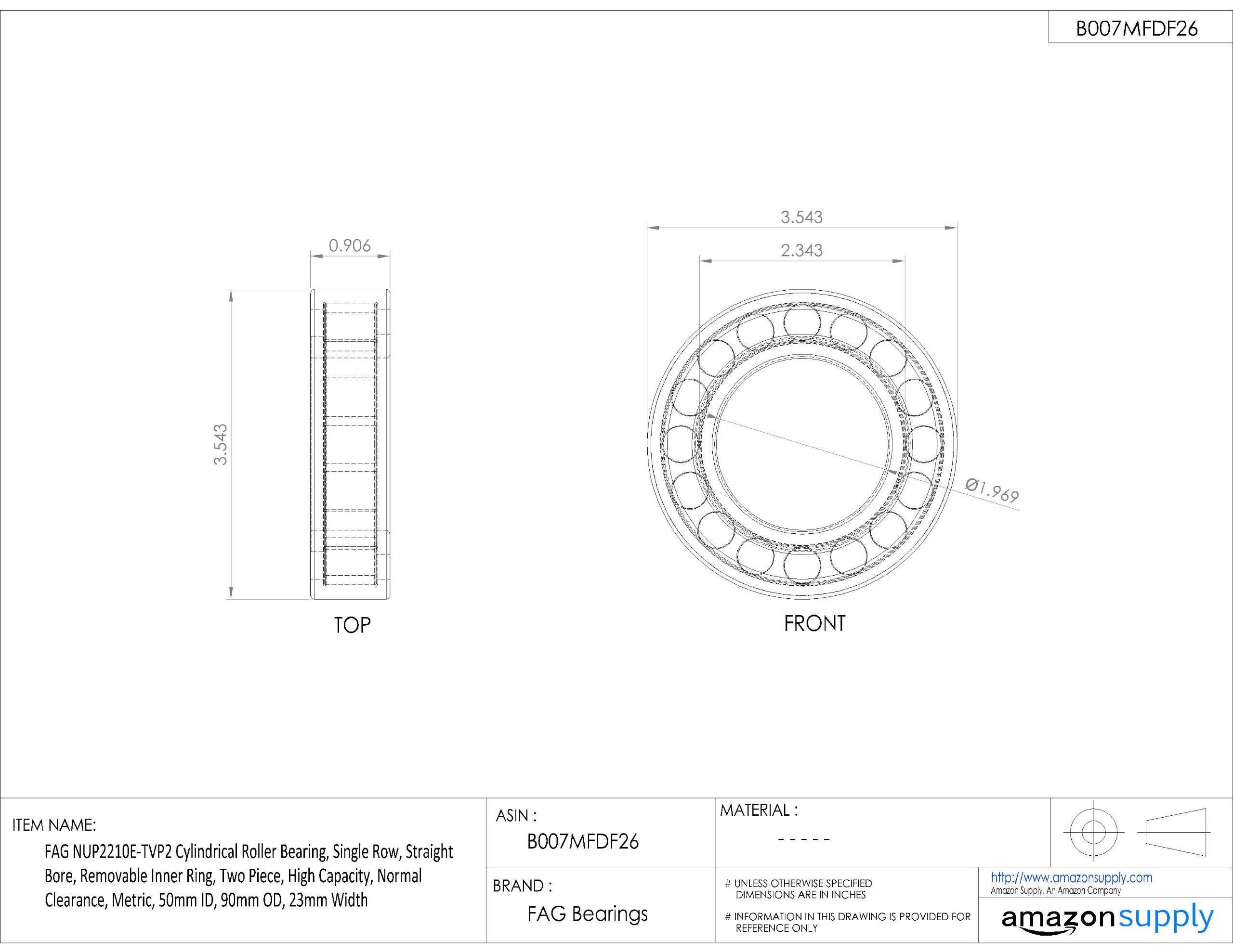 NUP2210E-TVP2 Single Row Cylindrical Roller Bearing - 50mm ID, 90mm OD, 23mm Width - Straight Bore, Removable Inner Ring, Two Piece Design, High Capacity, Normal Clearance, Metric Size - Ideal for Industrial Machinery, Conveyors, and Heavy-Duty Equipment