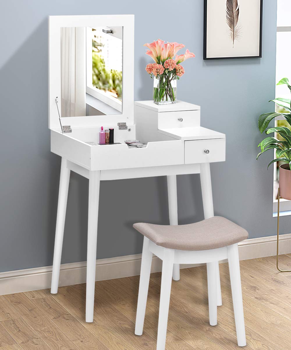 Vanity Dressing Table Set with Flip Mirror & Stool - Modern Writing Desk & Makeup Vanity for Bedroom, Home Office - Perfect for Beauty Routine, Study & Work Space
