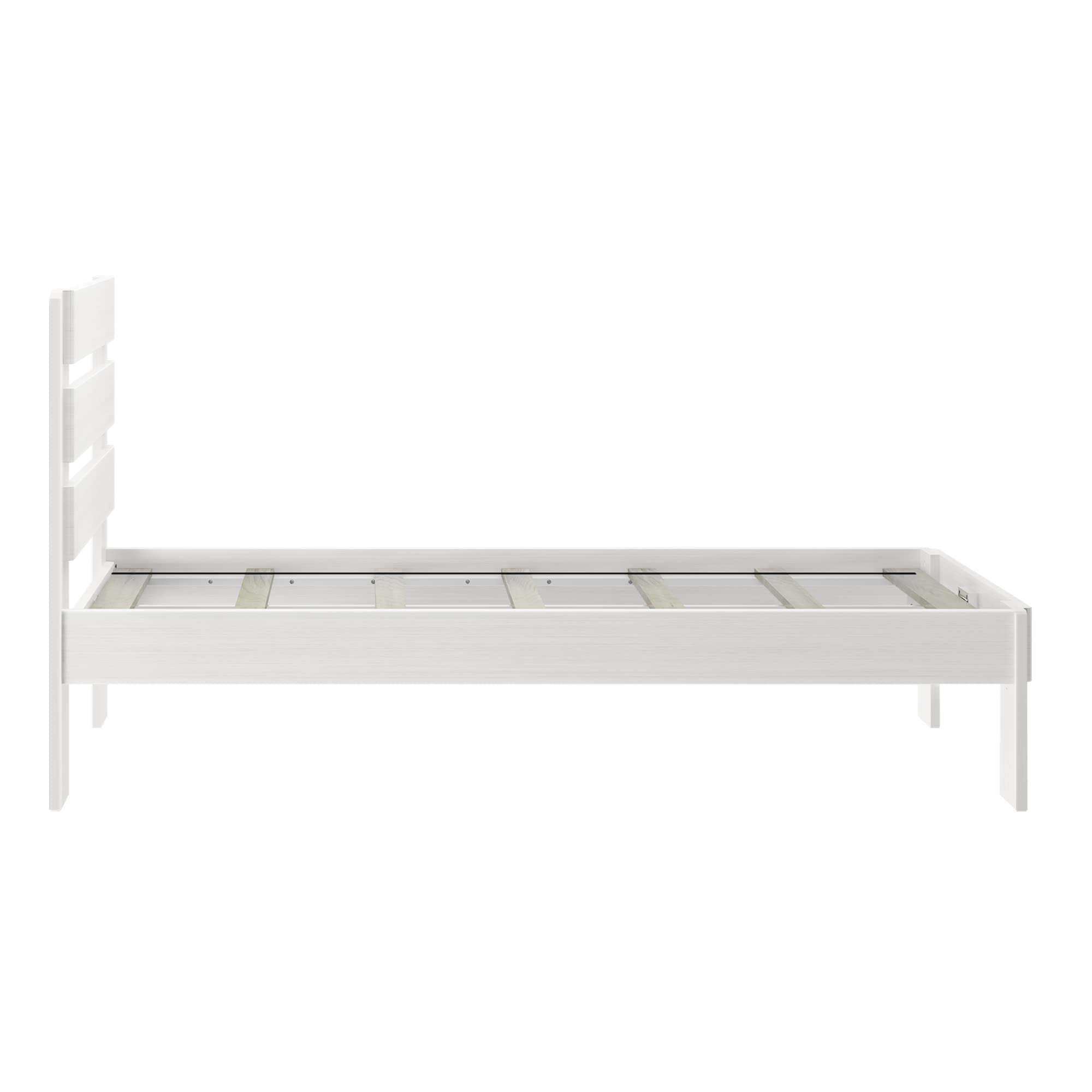 Rustic White Wash Twin Bed Frame with Headboard & Slatted Platform - Solid Wood Plank & Beam Design for Cozy Bedrooms & Guest Rooms