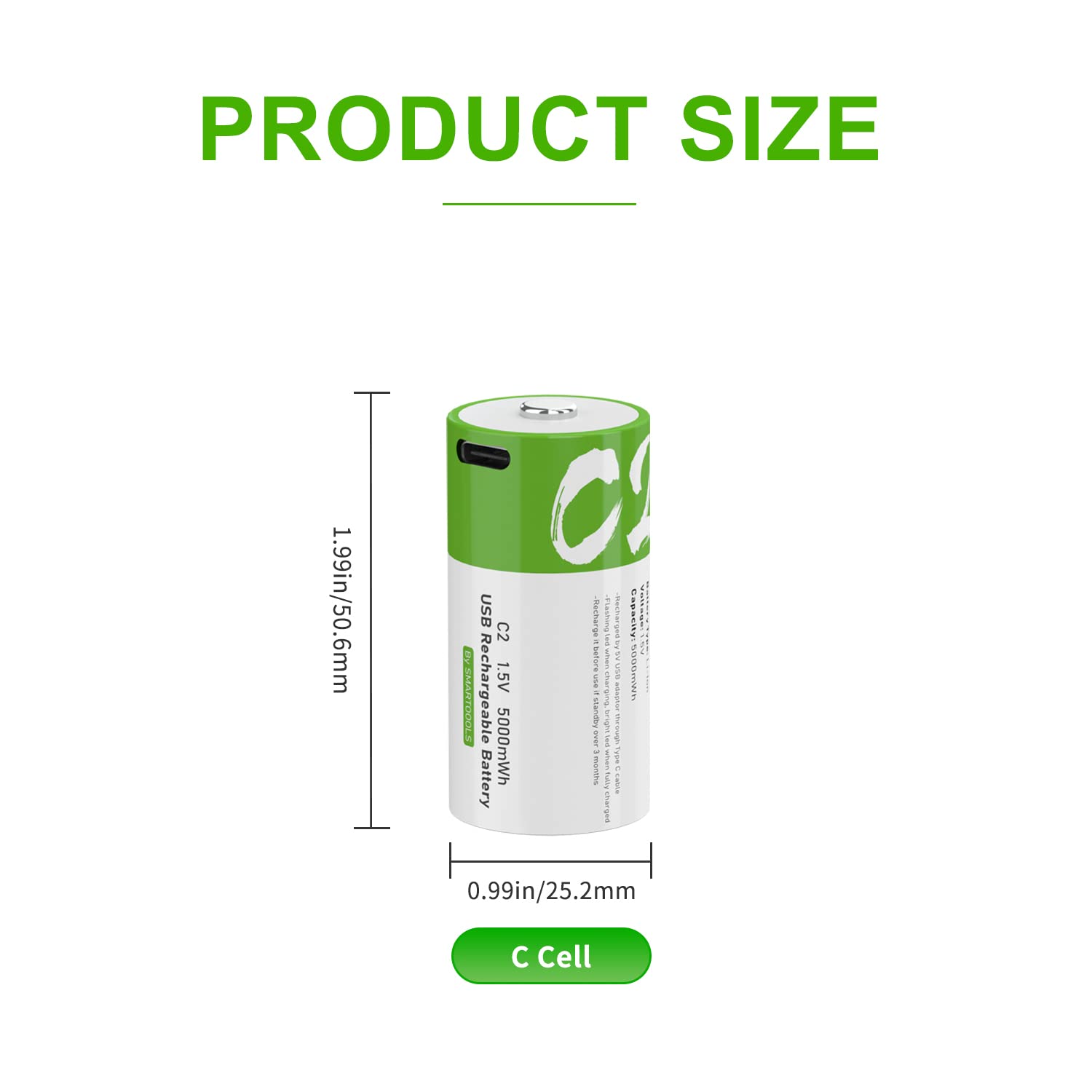 Rechargeable C Batteries 1.5V 5000mWh USB Type-C Lithium-ion C Cell Batteries (2-Pack) - Perfect for Flashlights, Toys, Radios & Emergency Power Backup
