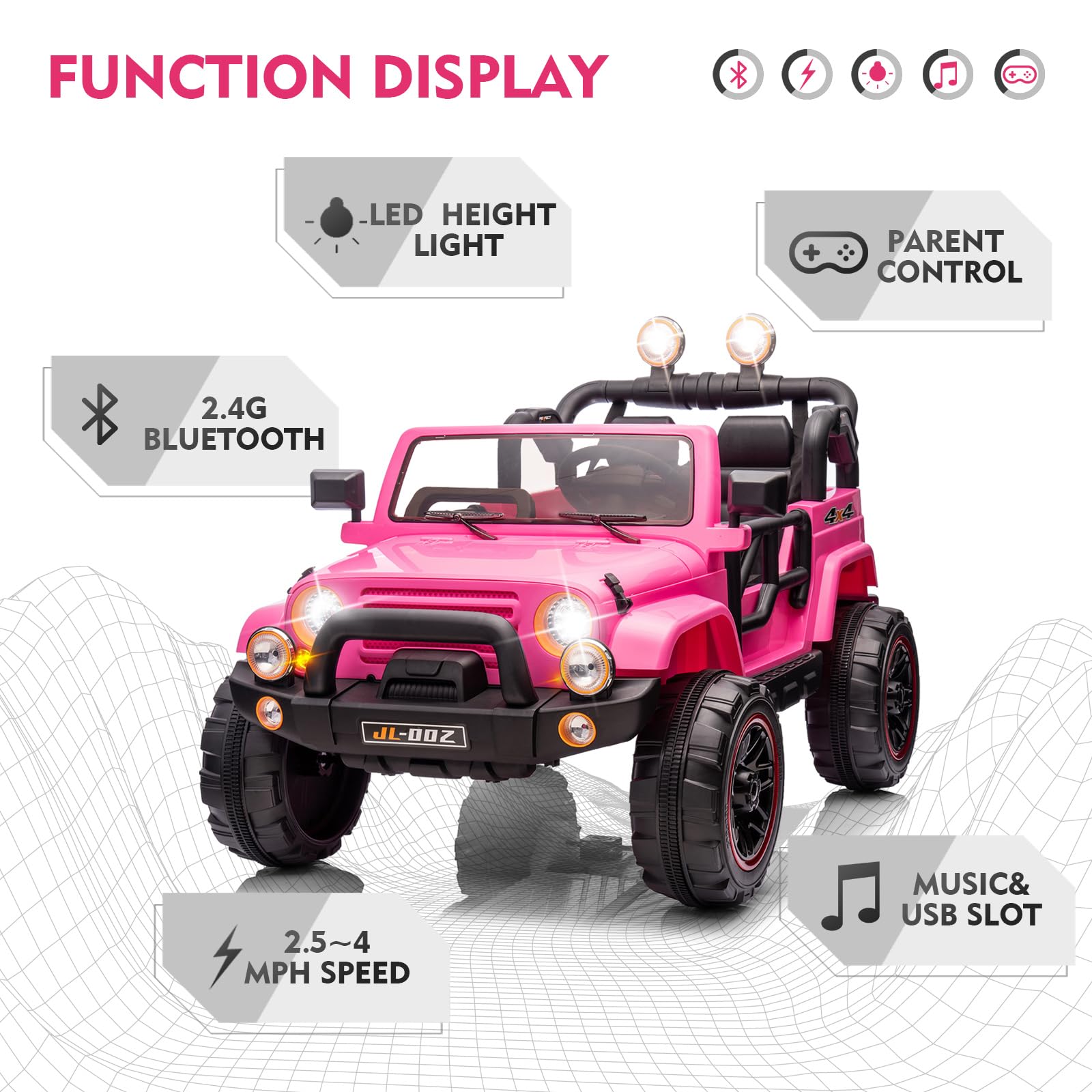 12V7AH Kids Electric Ride-On Truck with Parental Remote Control, Music, LED Lights & Spring Suspension - 2-Seater Pink Children's Car Cover | Perfect for Birthday Gifts, Outdoor Play & Backyard Fun