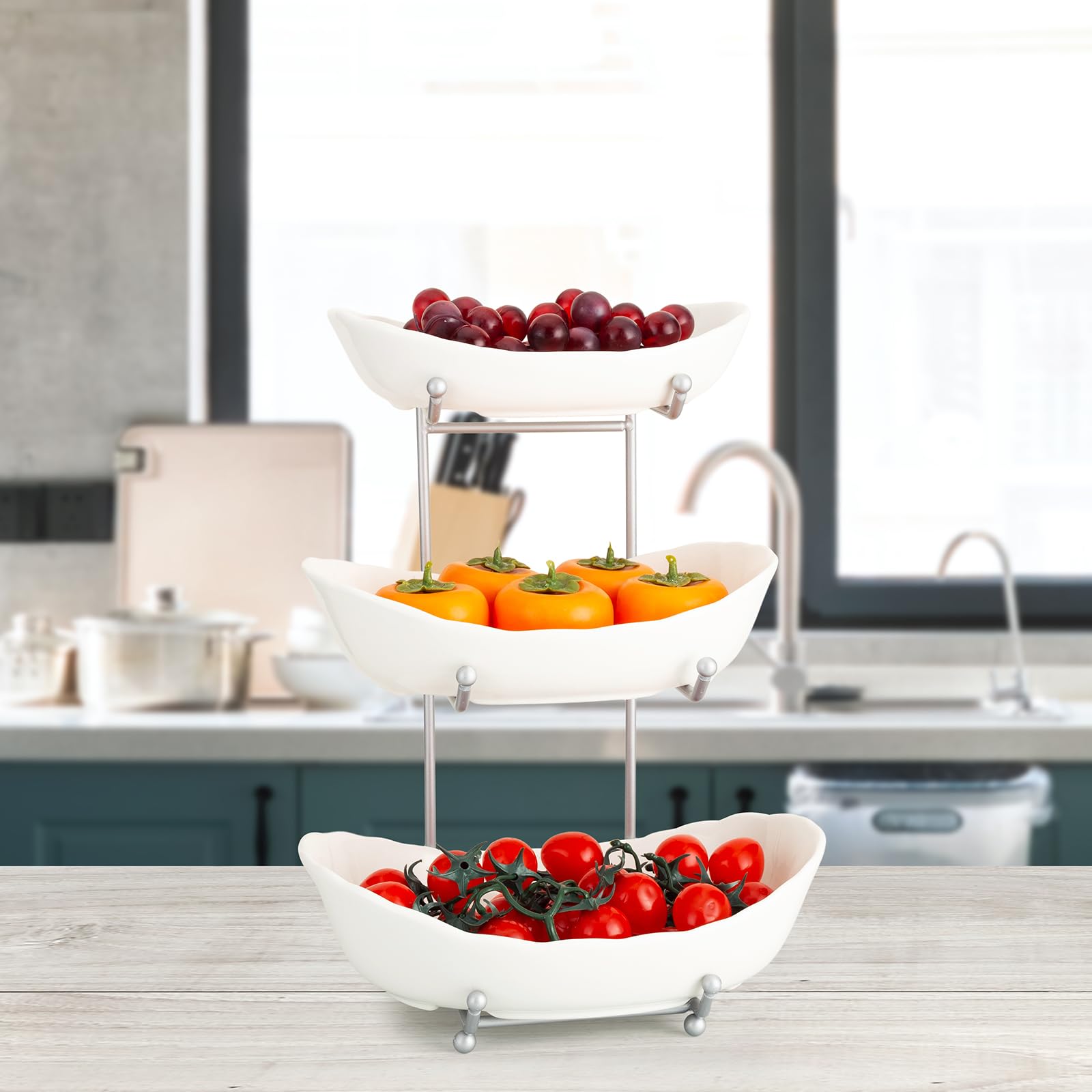 3-Tier Ceramic Fruit Bowl with Metal Stand - Elegant Kitchen Countertop Serving Bowl for Fruits, Vegetables, Snacks, Bread, Candy, Nuts, Cake & Desserts | Perfect for Dining Room, Party Display & Home Decor (White)