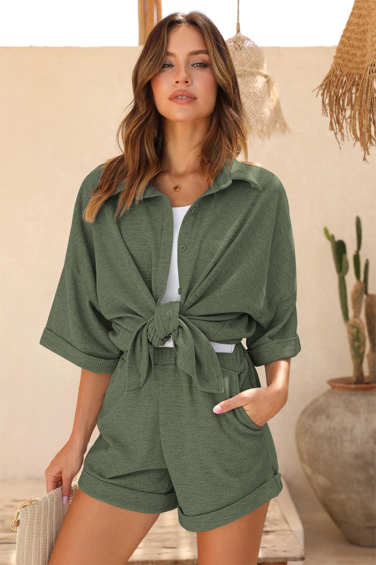 Ekouaer Women's Waffle Knit Lounge Set - Short Sleeve Button Down Pajama Set with Oversized Shorts | Cozy Loungewear for Home, Sleep & Relaxation