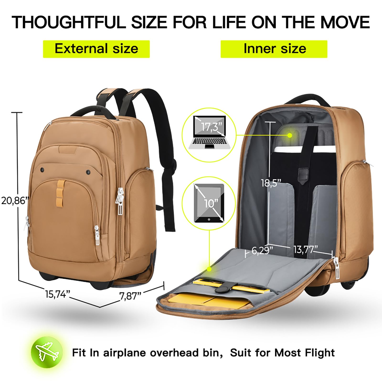 Rolling Laptop Bag with Wheels - Adjustable 13-17.3 Inch Wheeled Computer Backpack for Men & Women, Carry-on Travel Work Bag - Perfect for Business Trips, Commuting & Airplane Travel