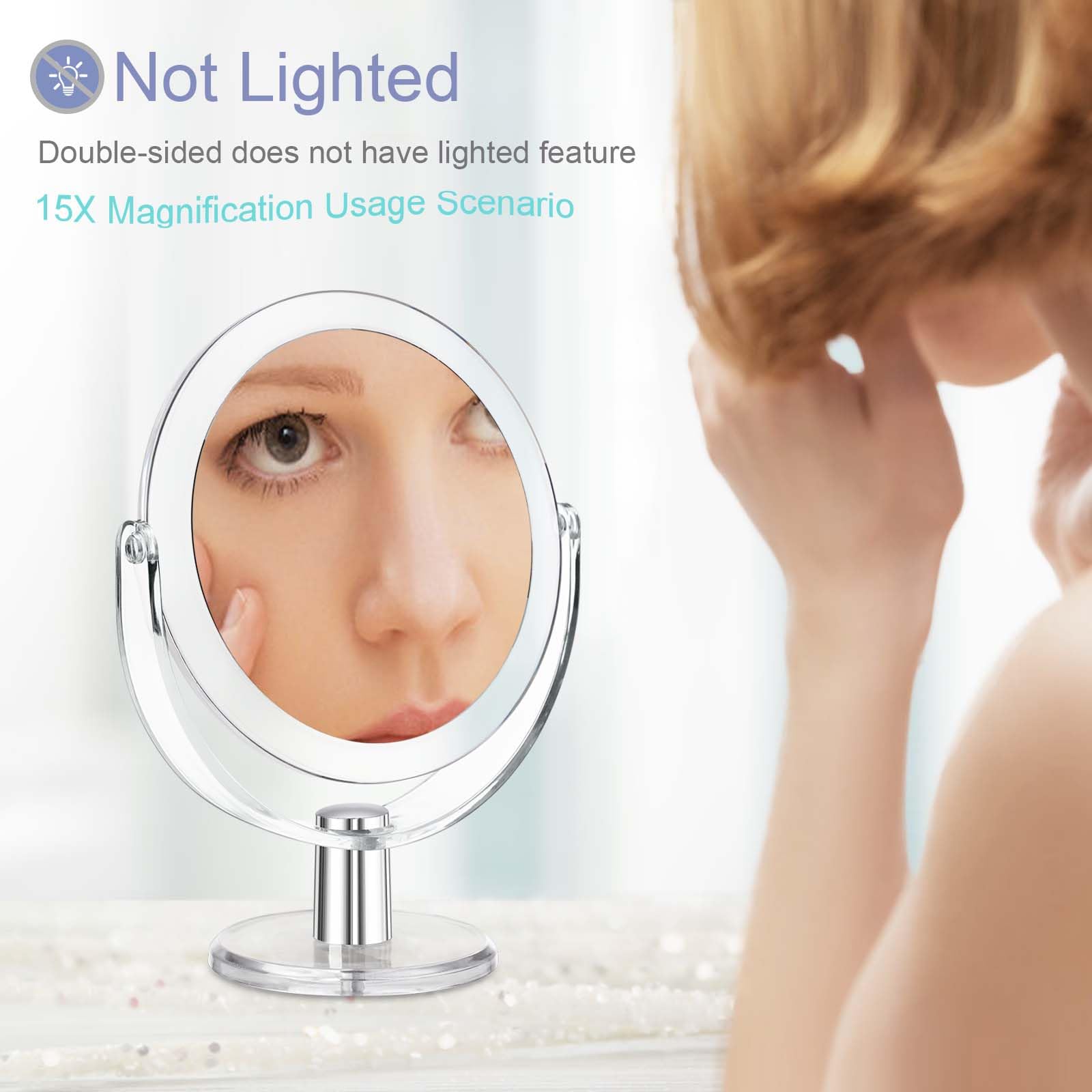 **6.25 Inch Vanity Mirror with Stand - 1X/15X Magnification, 360° Swivel Double-Sided Makeup Mirror for Bathroom, Desk & Travel - Perfect for Makeup, Shaving & Skincare**