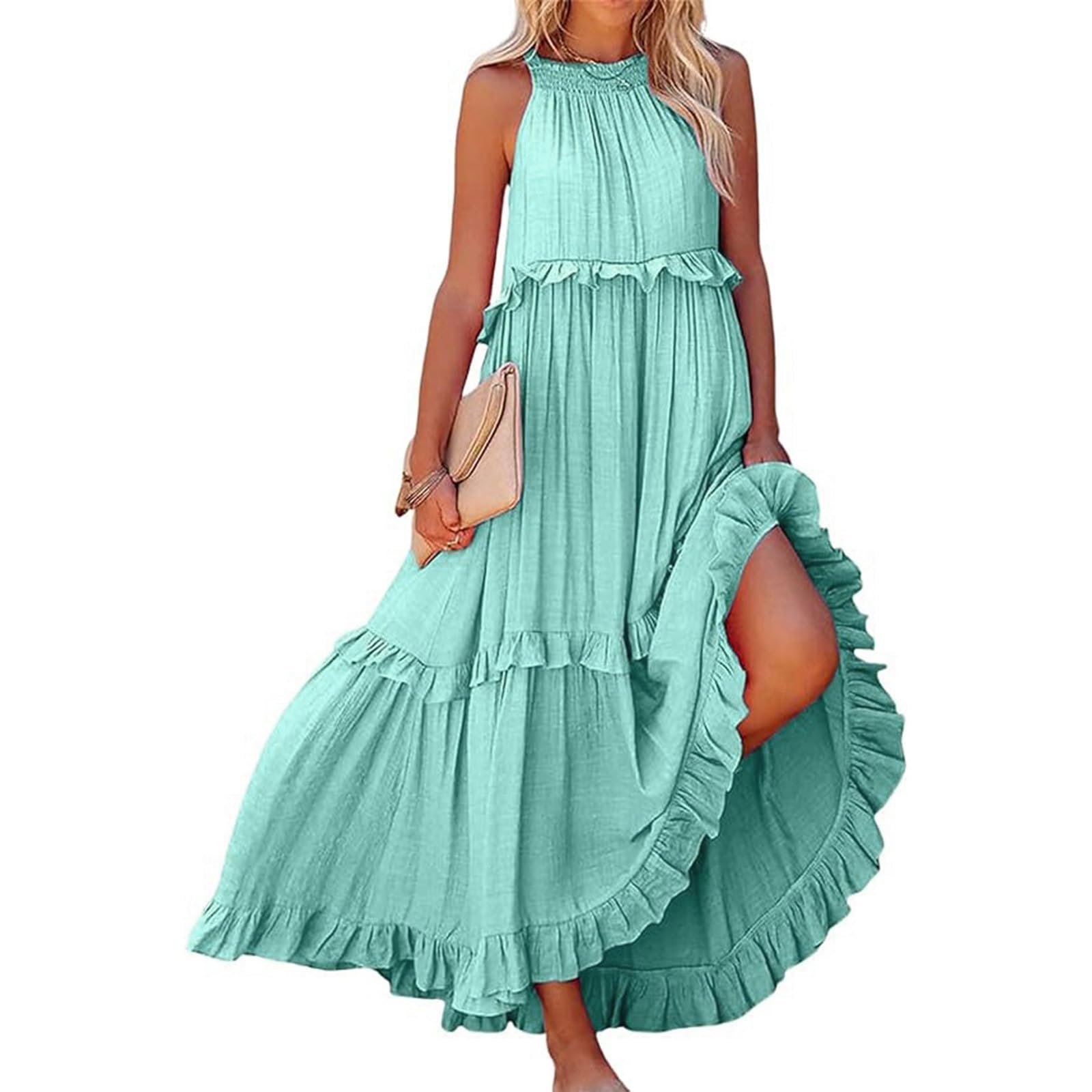 2025 Women's Summer Maxi Dresses - High Neck Long Sleeveless Sundress with Loose Layered Ruffle Swing Design | Perfect for Beach Vacation, Casual Outings & Summer Parties