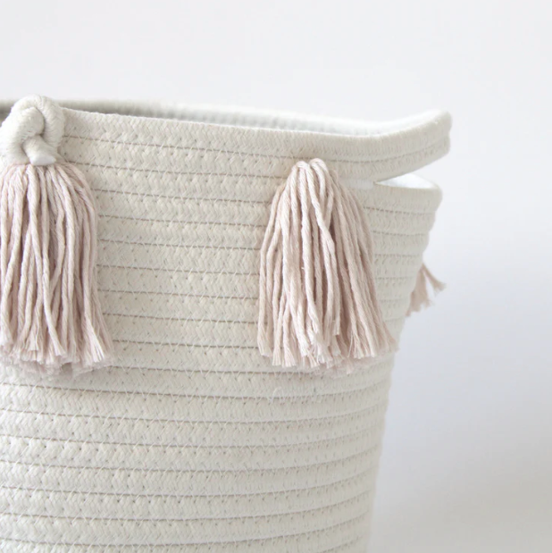 Set of 2 Medium Blush Tassel Baskets - Boho Home Decor for Living Room, Bedroom & Nursery Storage