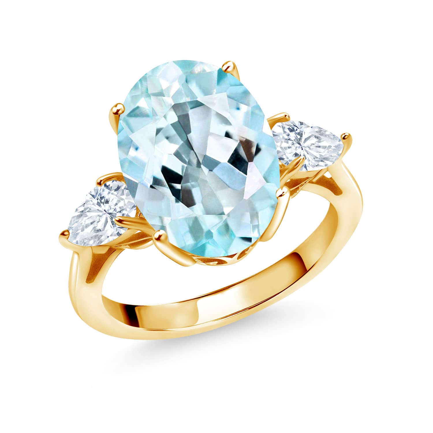 18K Yellow Gold Plated Silver 3-Stone Ring with Oval Sky Blue Topaz & Moissanite (6.98 CTTW) - Elegant Jewelry for Engagement, Wedding & Anniversary Gifts | Gem Stone King