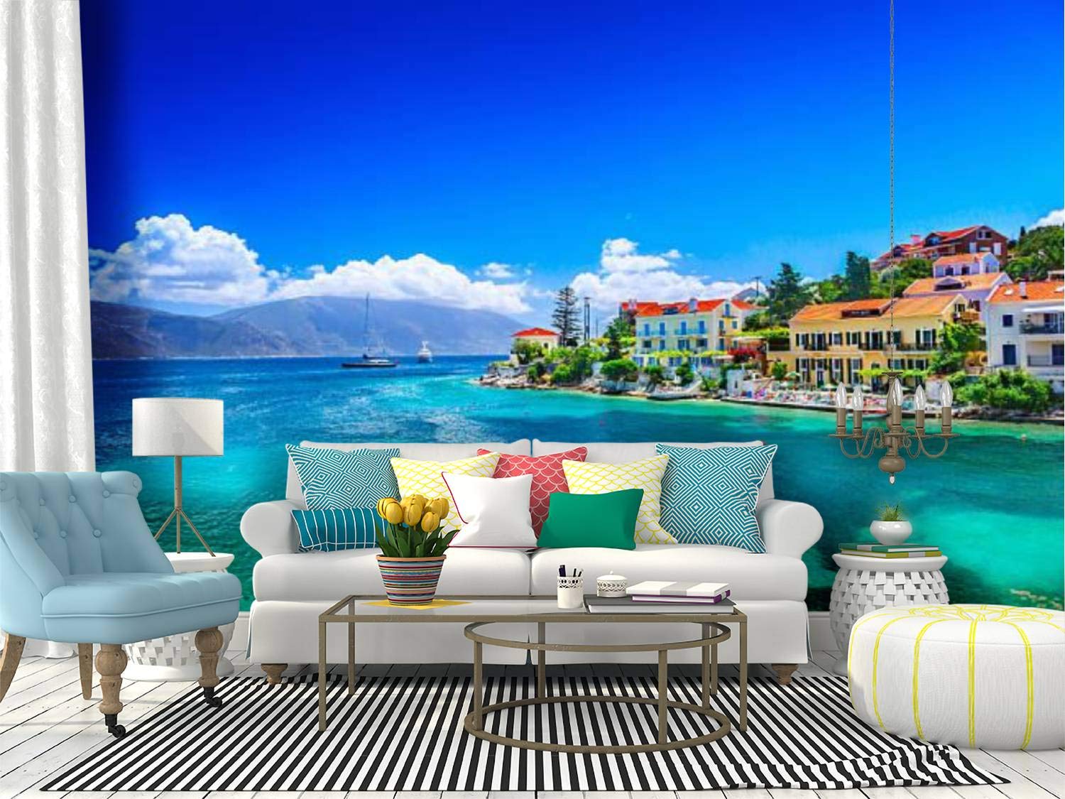 RECETHROWS Fiskardo Beach Peel and Stick Wallpaper - Self-Adhesive Removable Vinyl Wall Mural for Home Decor, Large Wall Sticker for Living Room, Bedroom, Nursery & Office
