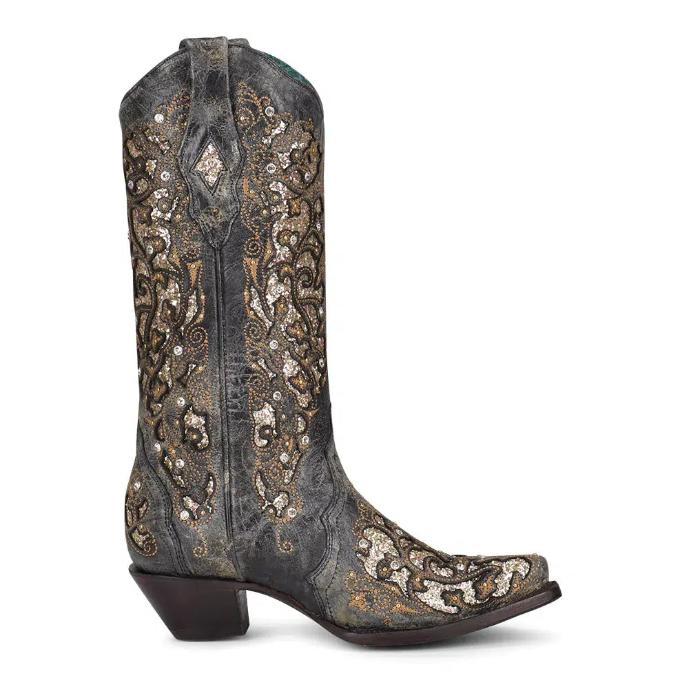 Women's Black Western Cowgirl Leather Boots with Sequins & Crystals - Stylish Tall Riding Boots for Country Dance, Rodeo & Cowgirl Fashion