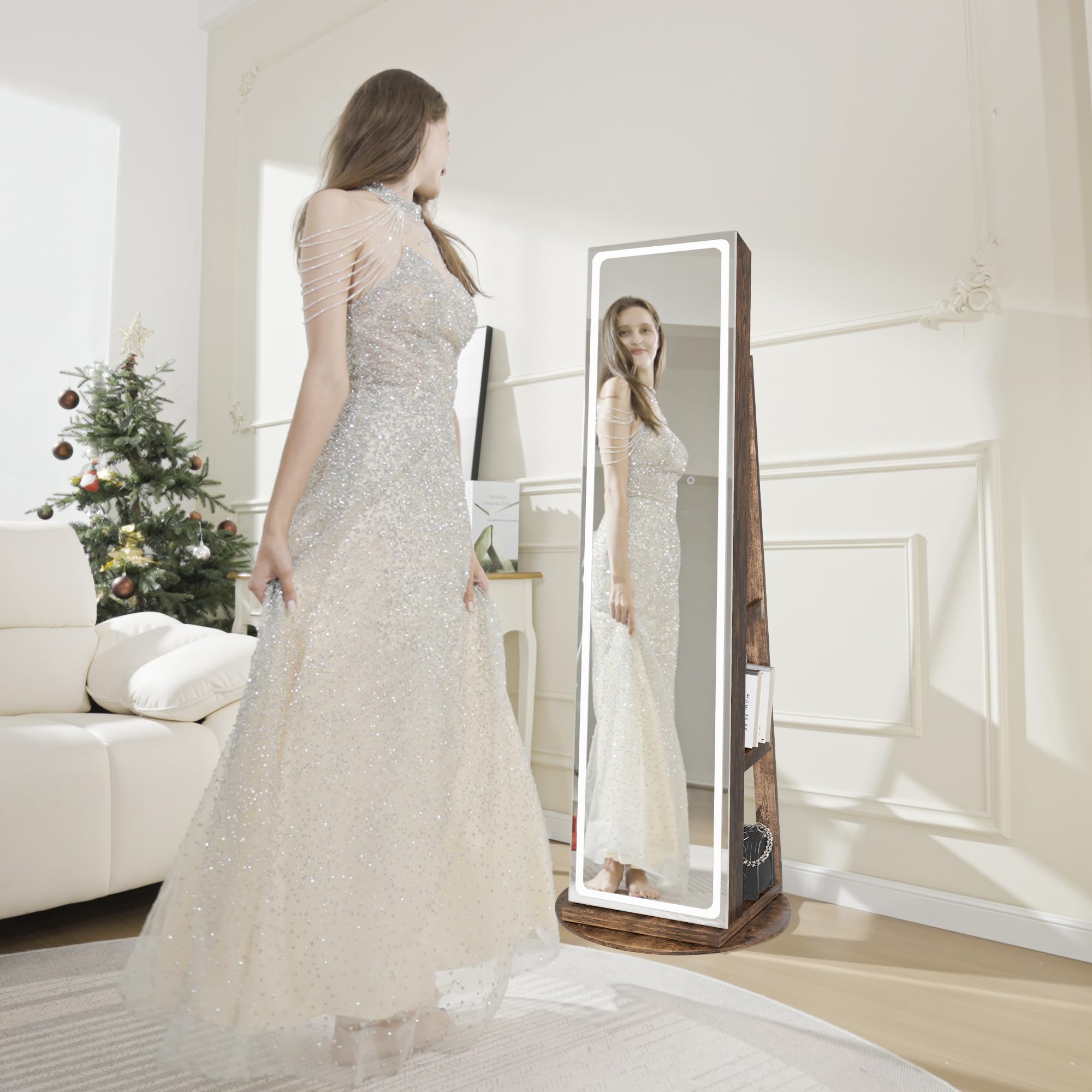 360° Swivel LED Jewelry Armoire with Full-Length Mirror & Adjustable Lighting - Rustic Brown Standing Jewelry Cabinet Organizer for Bedroom, Dressing Room & Closet Storage