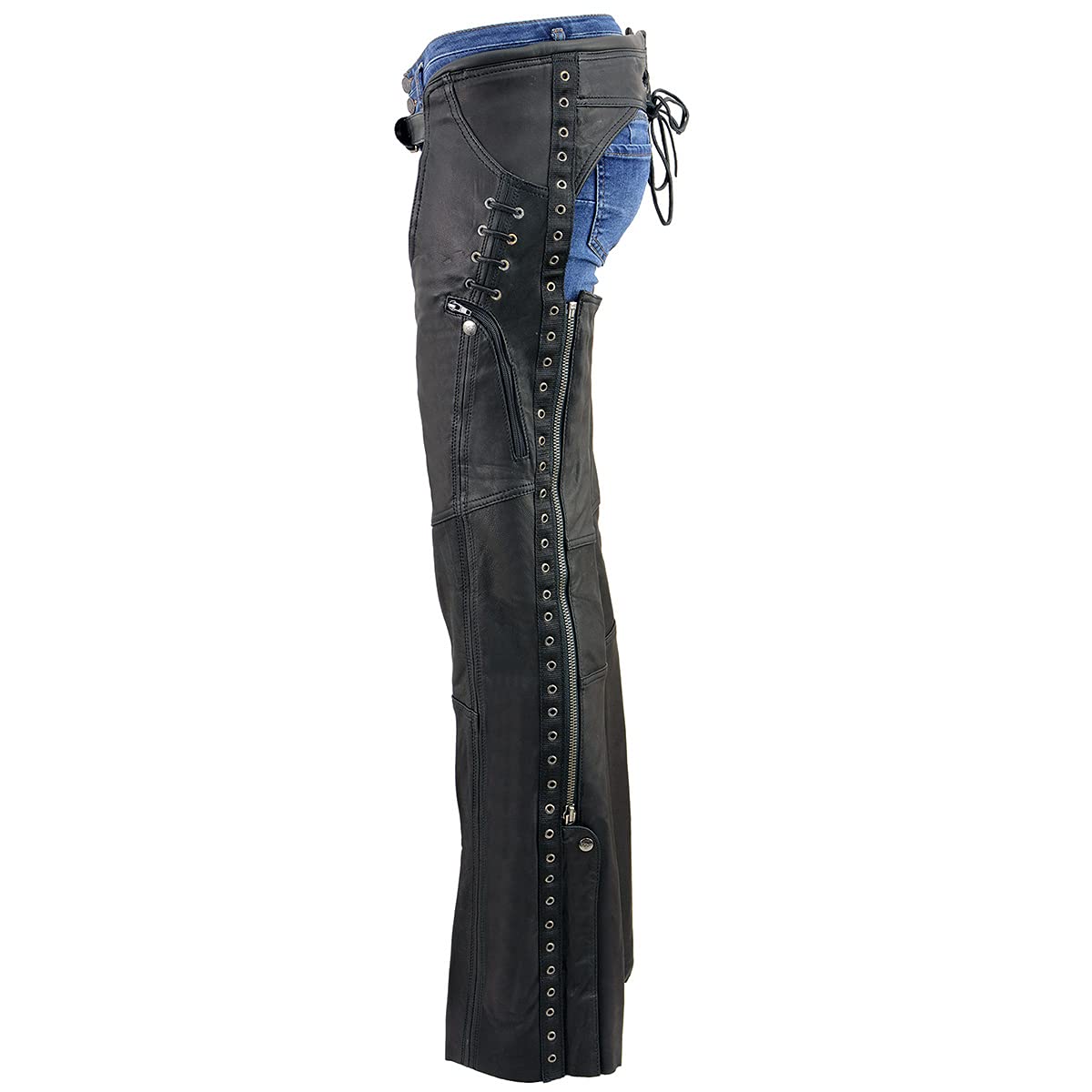 Premium Black Goat Skin Leather Motorcycle Chaps for Women - Lightweight, Durable & Stylish with Accent Lacing | Perfect for Riding, Biker Events & Outdoor Adventures - MLL6535