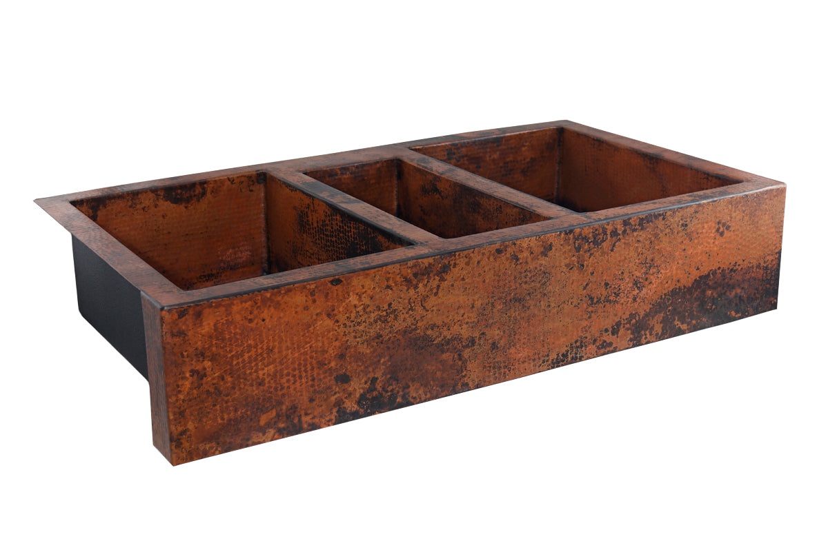 Extra Large Copper Farmhouse Sink with Triple Bowl - Vintage Style Kitchen Sink for Rustic & Modern Homes - Perfect for Cooking, Cleaning & Entertaining